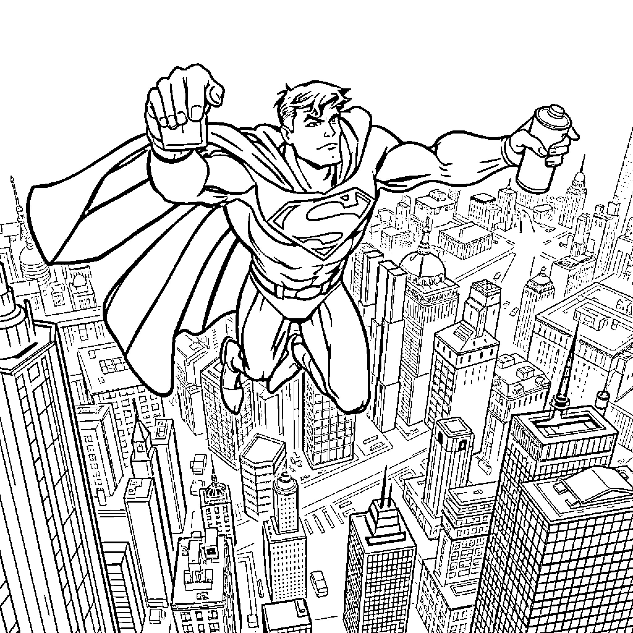 Superman soaring over the city skyline Coloring Page (free black-and-white line drawing printable PDF for all, from beginners to advanced learners, including children, teens, adults, and seniors)
