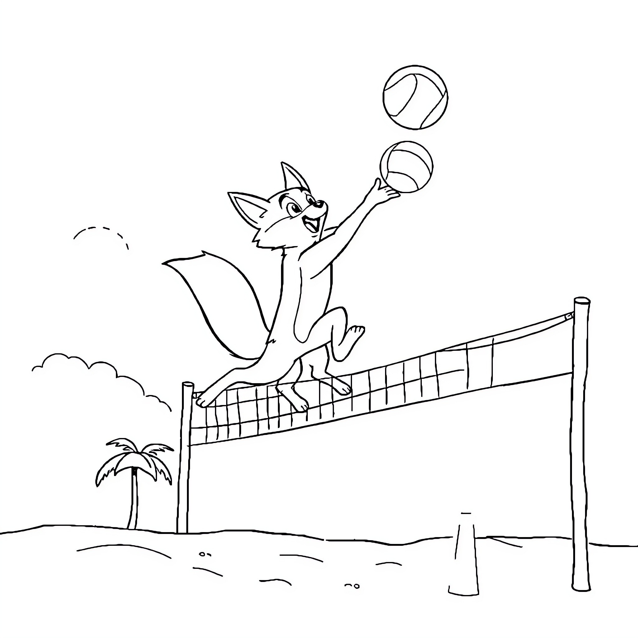 Fox playing joyfully at beach volleyball net Coloring Page (free black-and-white line drawing printable PDF for all, from beginners to advanced learners, including children, teens, adults, and seniors)