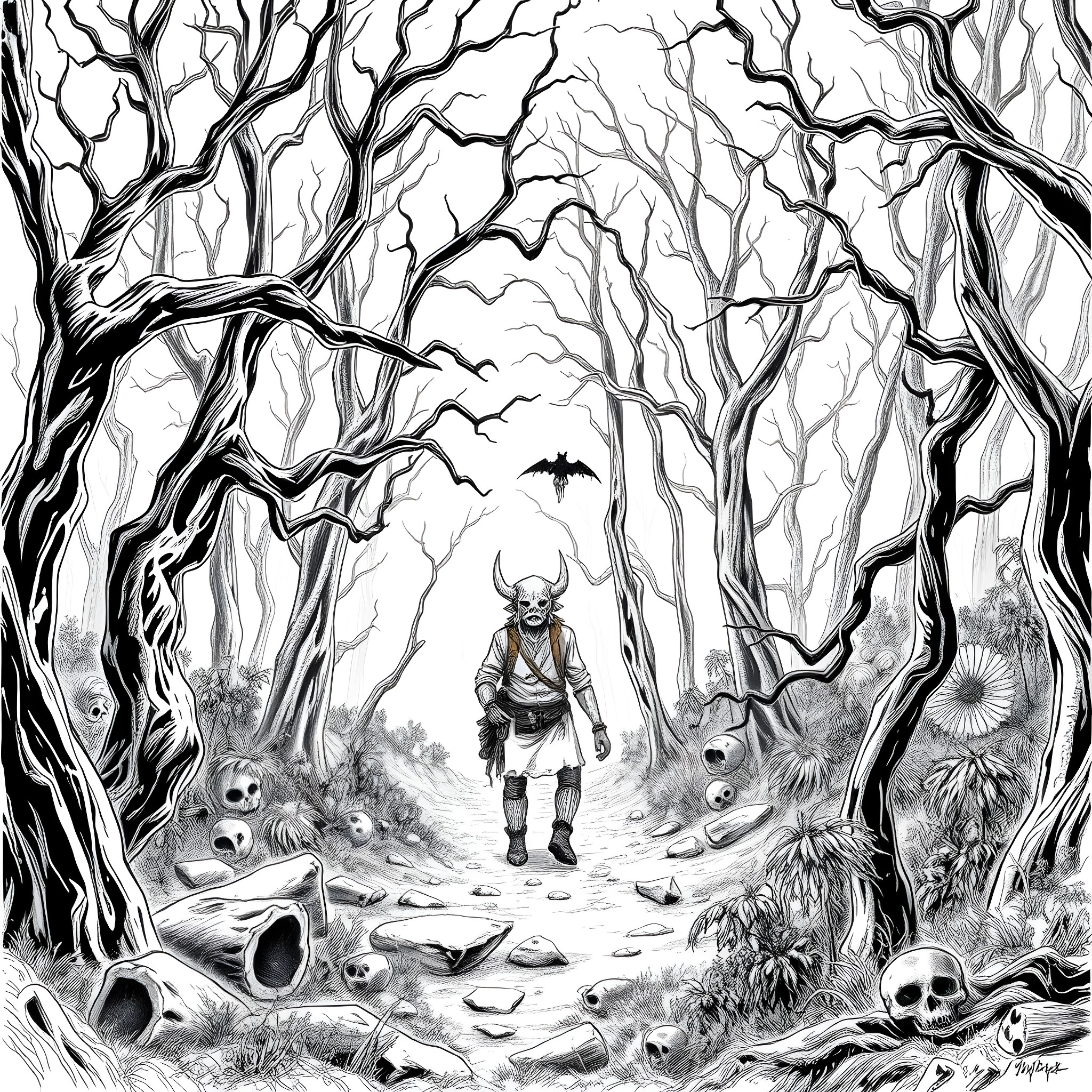 Wendigo Stalking Through the Twisted Woodland Coloring Page (free black-and-white line drawing printable PDF for all, from beginners to advanced learners, including children, teens, adults, and seniors)