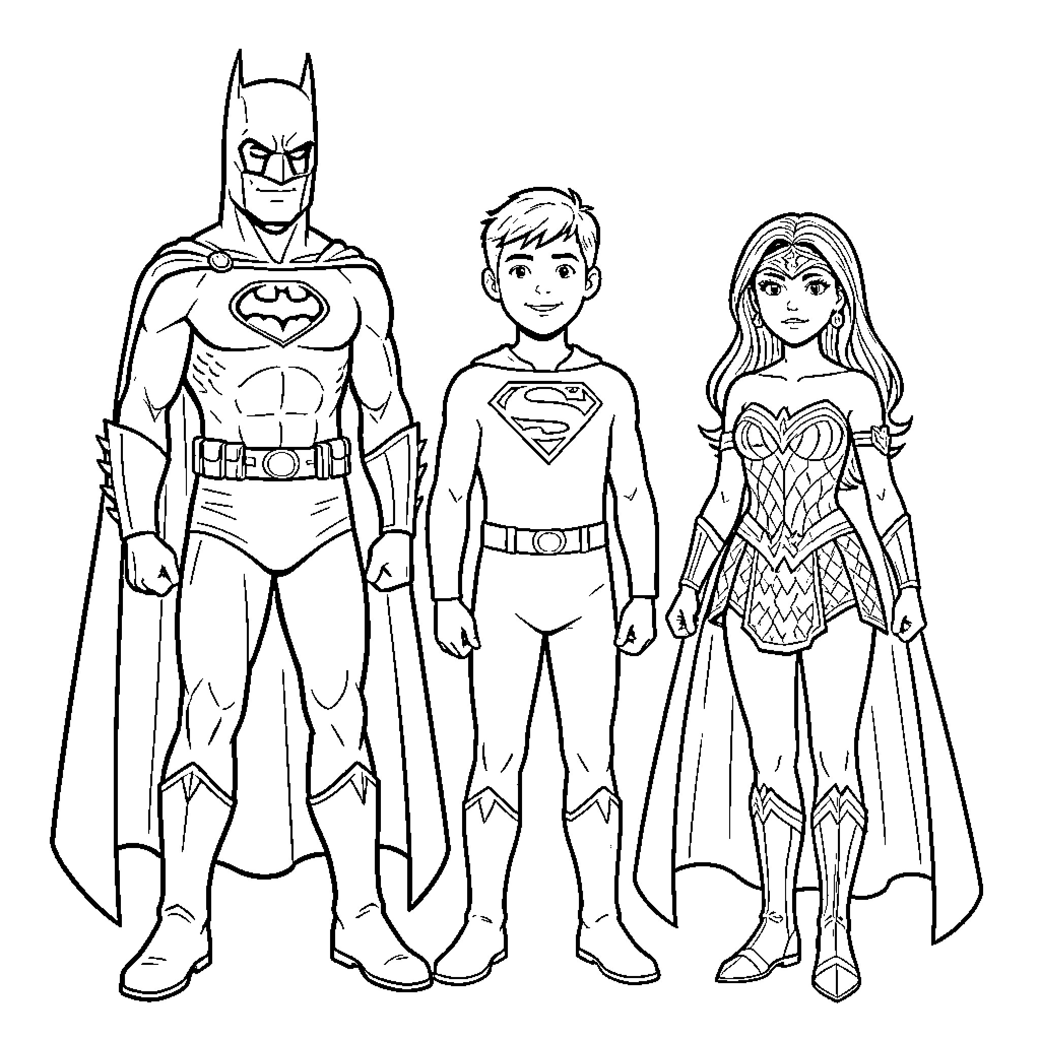 Superhero trio standing together in heroic poses Coloring Page (free black-and-white line drawing printable PDF for all, from beginners to advanced learners, including children, teens, adults, and seniors)