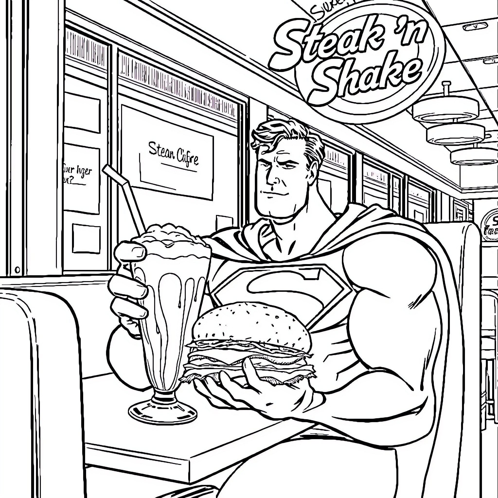 Superman Enjoys a Steak 'n Shake Meal Coloring Page (free black-and-white line drawing printable PDF for all, from beginners to advanced learners, including children, teens, adults, and seniors)