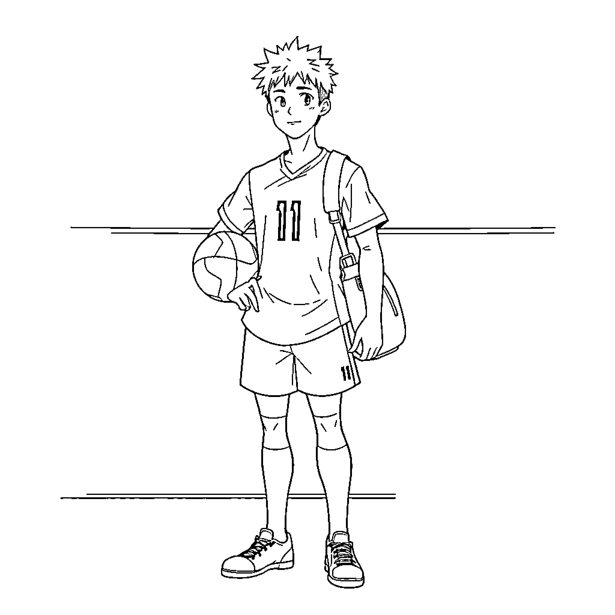 Kiyoomi Sakusa standing confidently in sports uniform Coloring Page (free black-and-white line drawing printable PDF for all, from beginners to advanced learners, including children, teens, adults, and seniors)