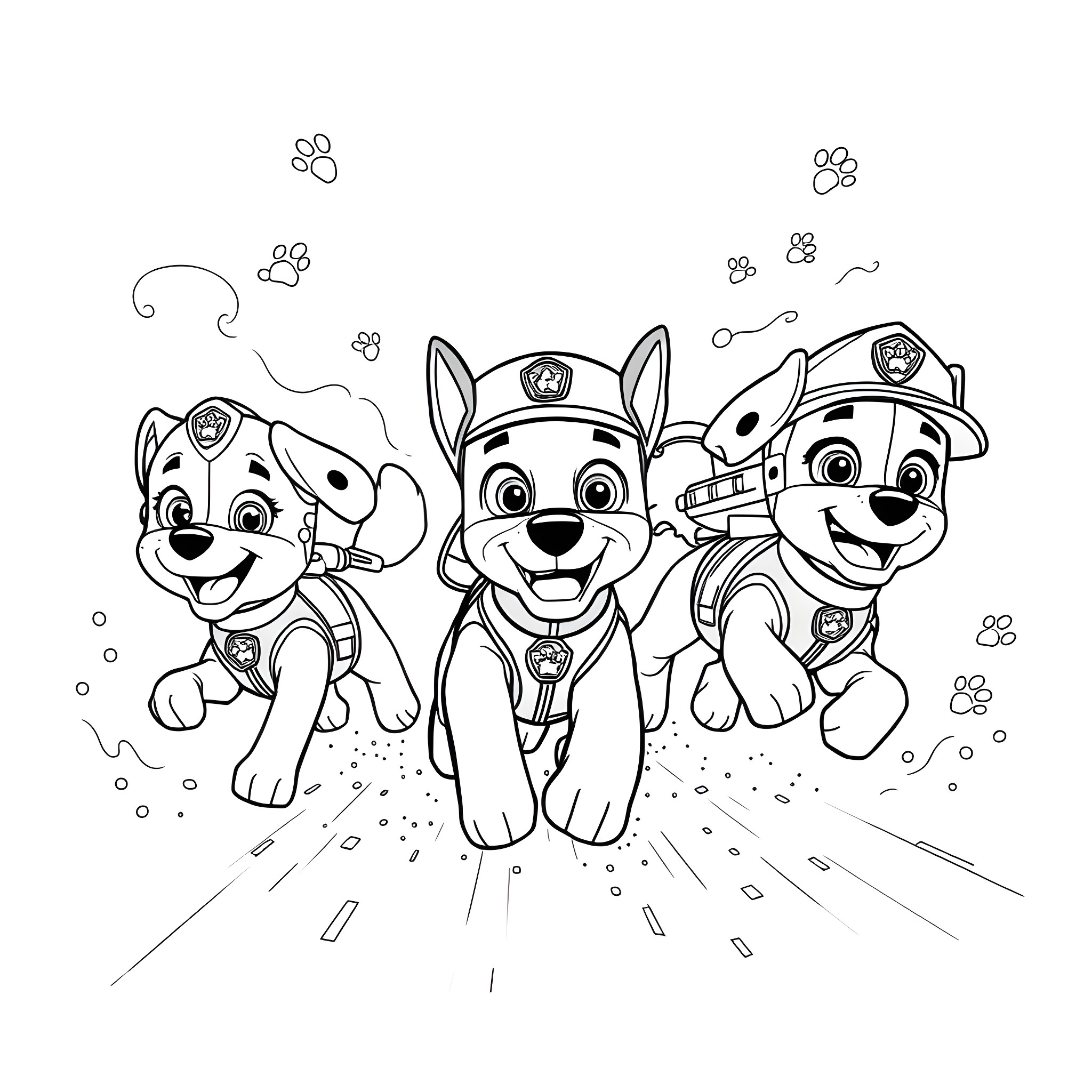 Paw Patrol Puppies on Rescue Mission Coloring Page (free black-and-white line drawing printable PDF for all, from beginners to advanced learners, including children, teens, adults, and seniors)