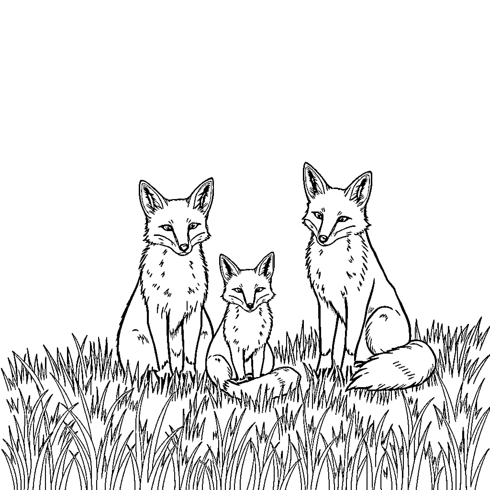 Fox Family in Grassy Field Coloring Page (free black-and-white line drawing printable PDF for all, from beginners to advanced learners, including children, teens, adults, and seniors)