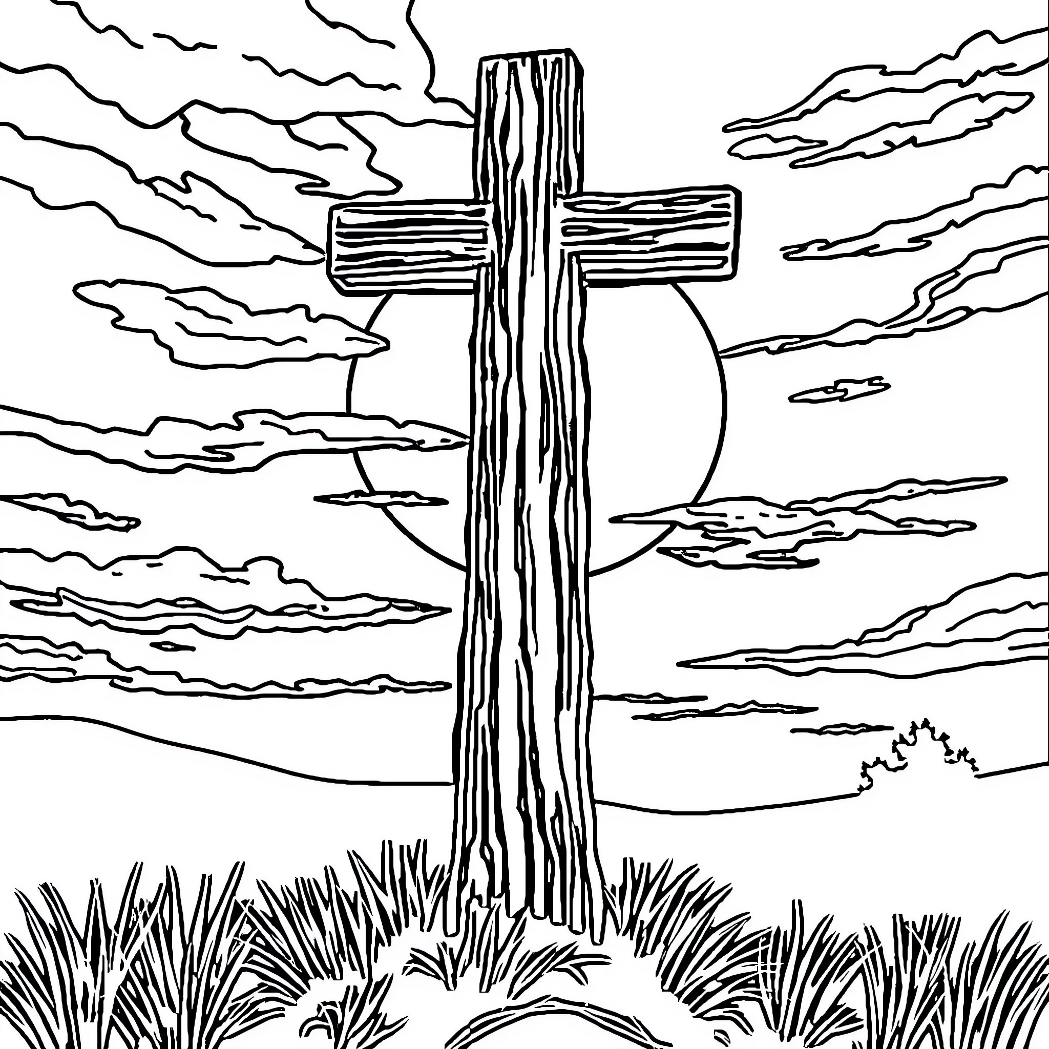 Cross Illuminated by Celestial Rays Coloring Page (free black-and-white line drawing printable PDF for all, from beginners to advanced learners, including children, teens, adults, and seniors)