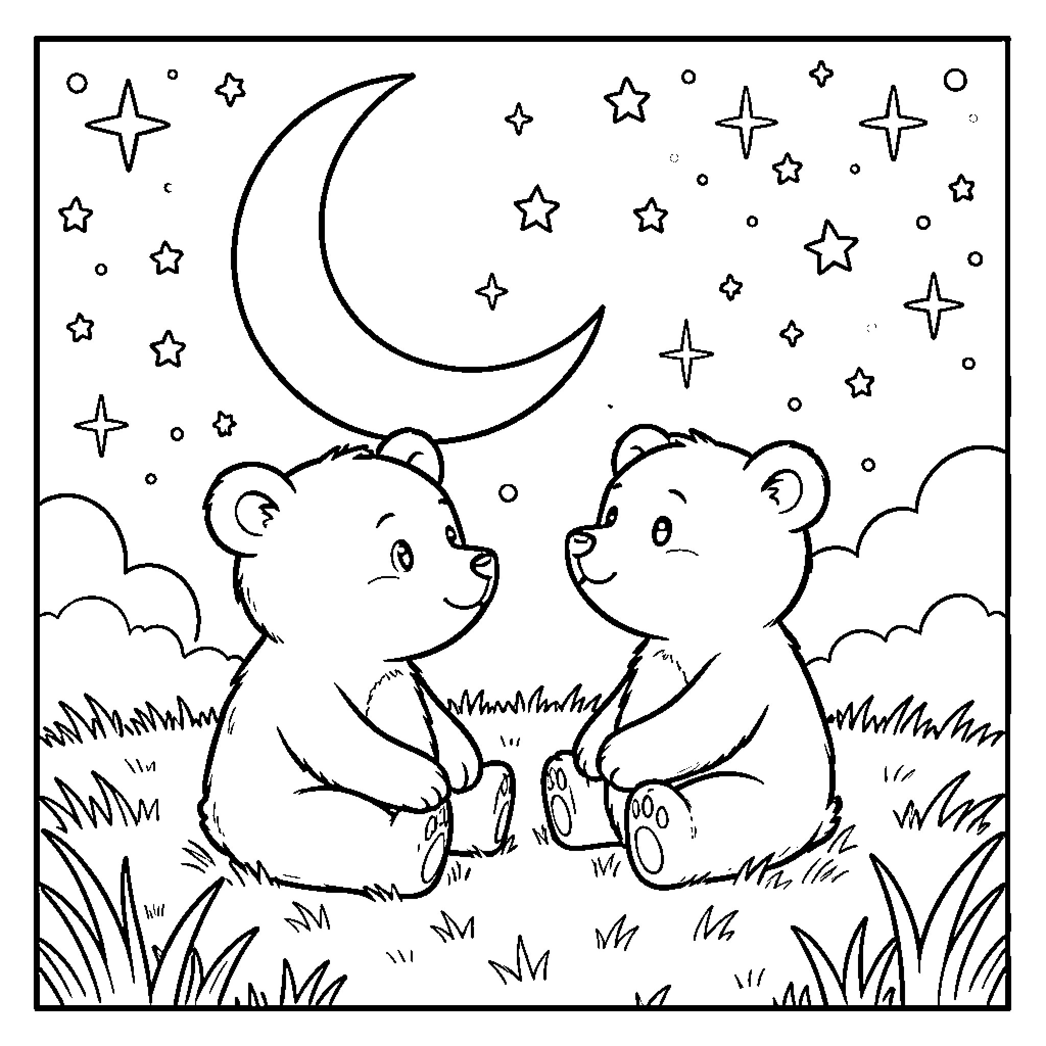 Brown Bear cubs sitting together under a crescent moon Coloring Page (free black-and-white line drawing printable PDF for all, from beginners to advanced learners, including children, teens, adults, and seniors)