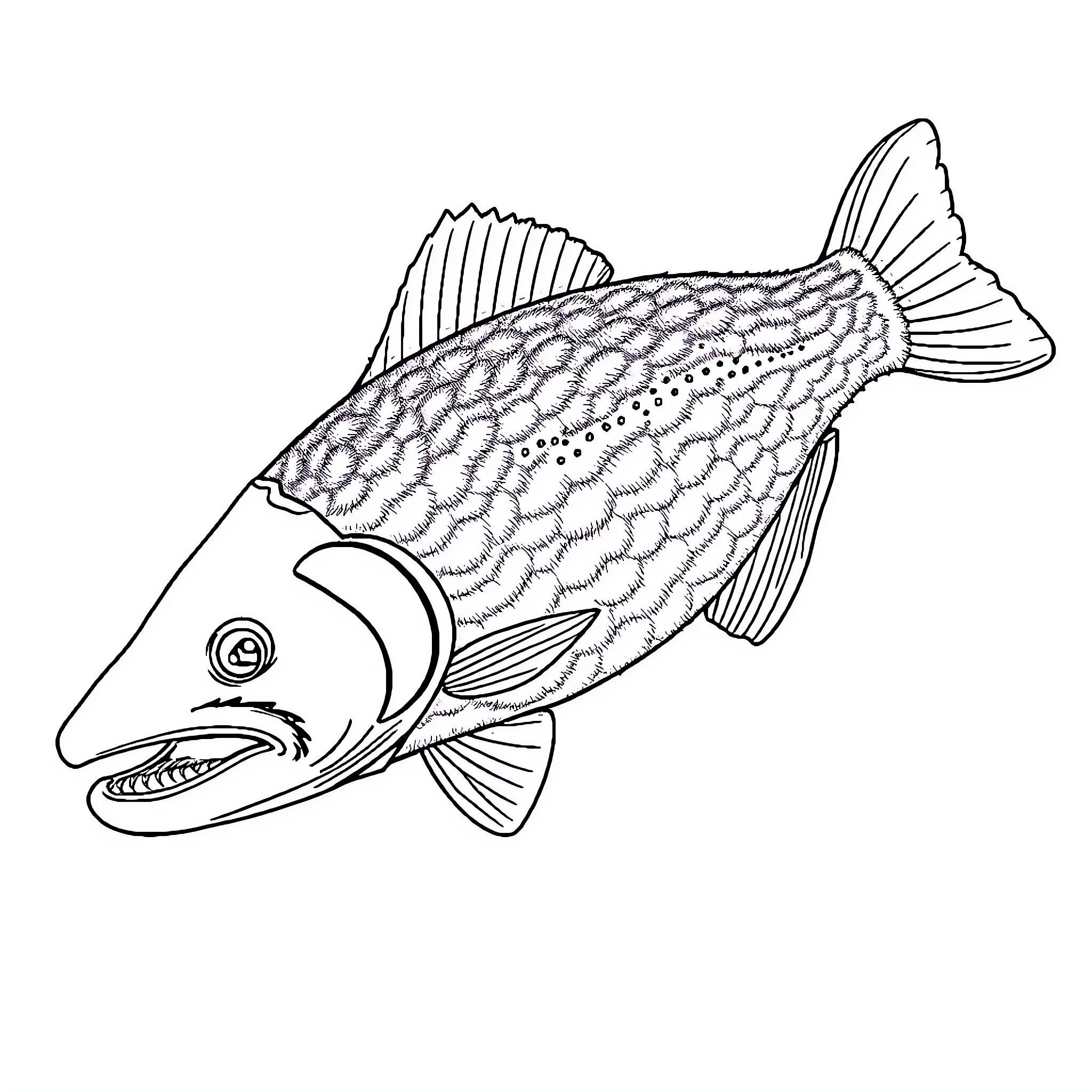 Salmon fish with detailed scales and fins Coloring Page (free black-and-white line drawing printable PDF for all, from beginners to advanced learners, including children, teens, adults, and seniors)