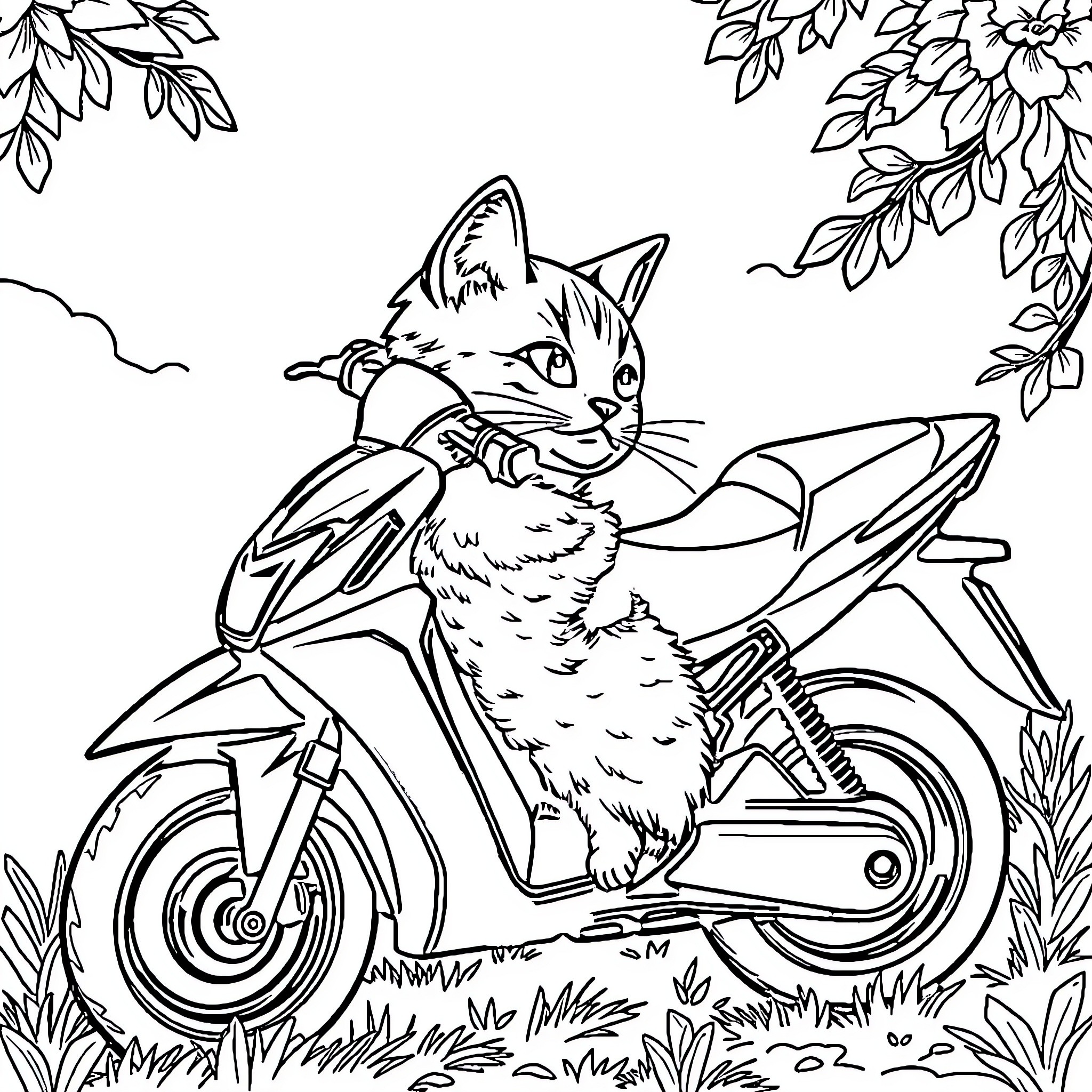 Cat riding a motorcycle through nature Coloring Page (free black-and-white line drawing printable PDF for all, from beginners to advanced learners, including children, teens, adults, and seniors)