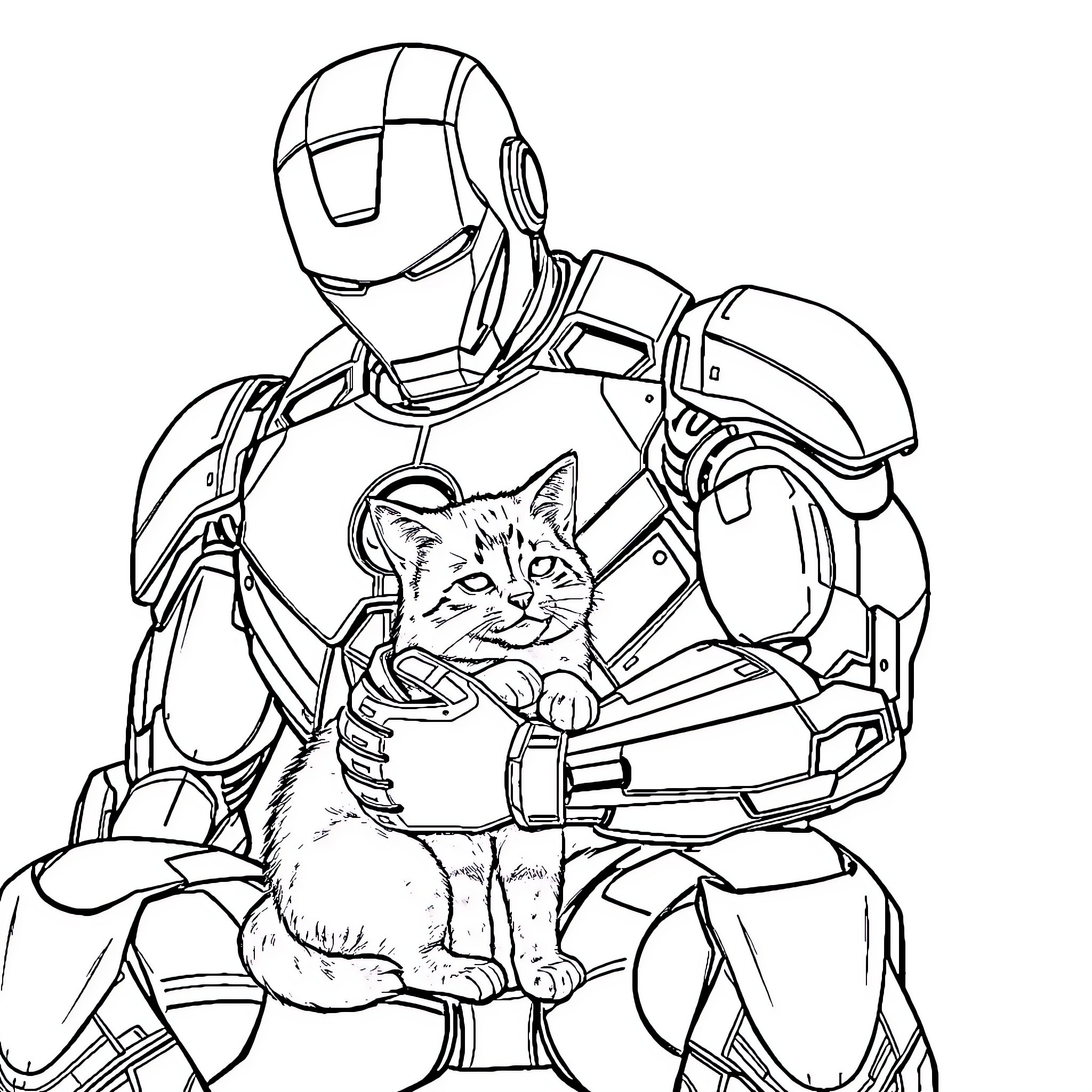 Iron Man with a Playful Feline Companion Coloring Page (free black-and-white line drawing printable PDF for all, from beginners to advanced learners, including children, teens, adults, and seniors)
