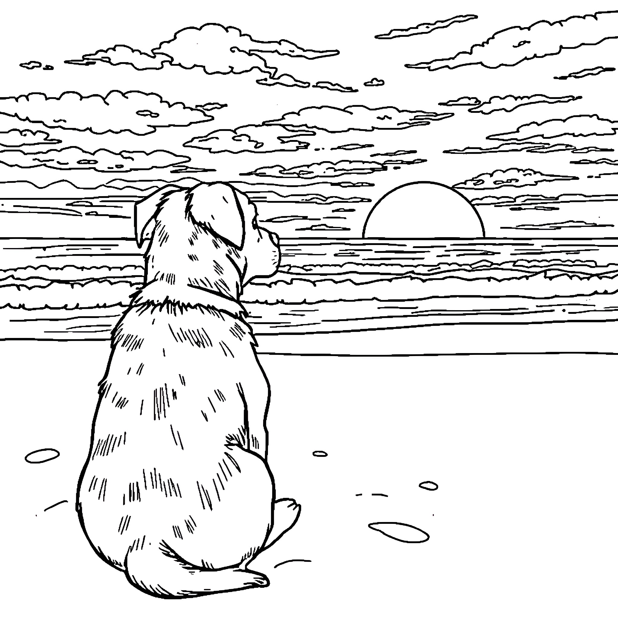 Dog gazing at the sunset on the beach Coloring Page (free black-and-white line drawing printable PDF for all, from beginners to advanced learners, including children, teens, adults, and seniors)