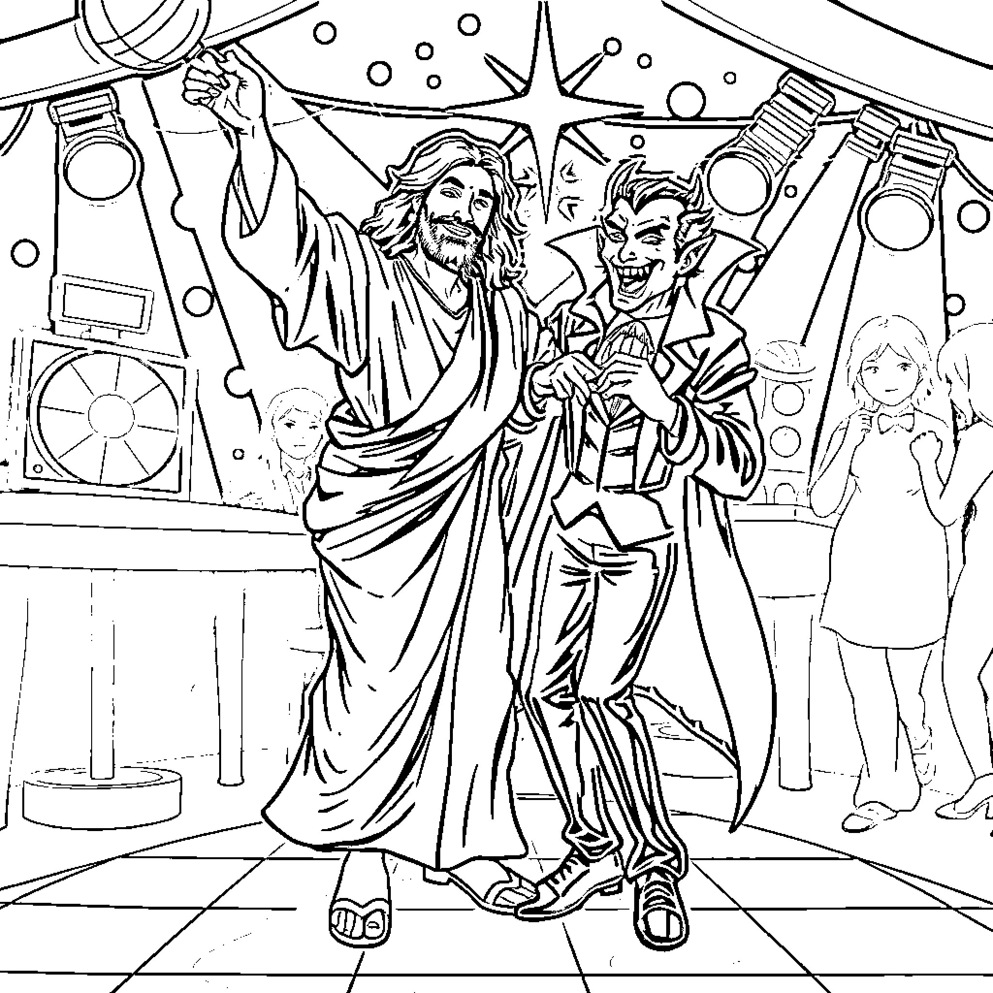 Jesus and the Devil Facing Off in a Futuristic Setting Coloring Page (free black-and-white line drawing printable PDF for all, from beginners to advanced learners, including children, teens, adults, and seniors)