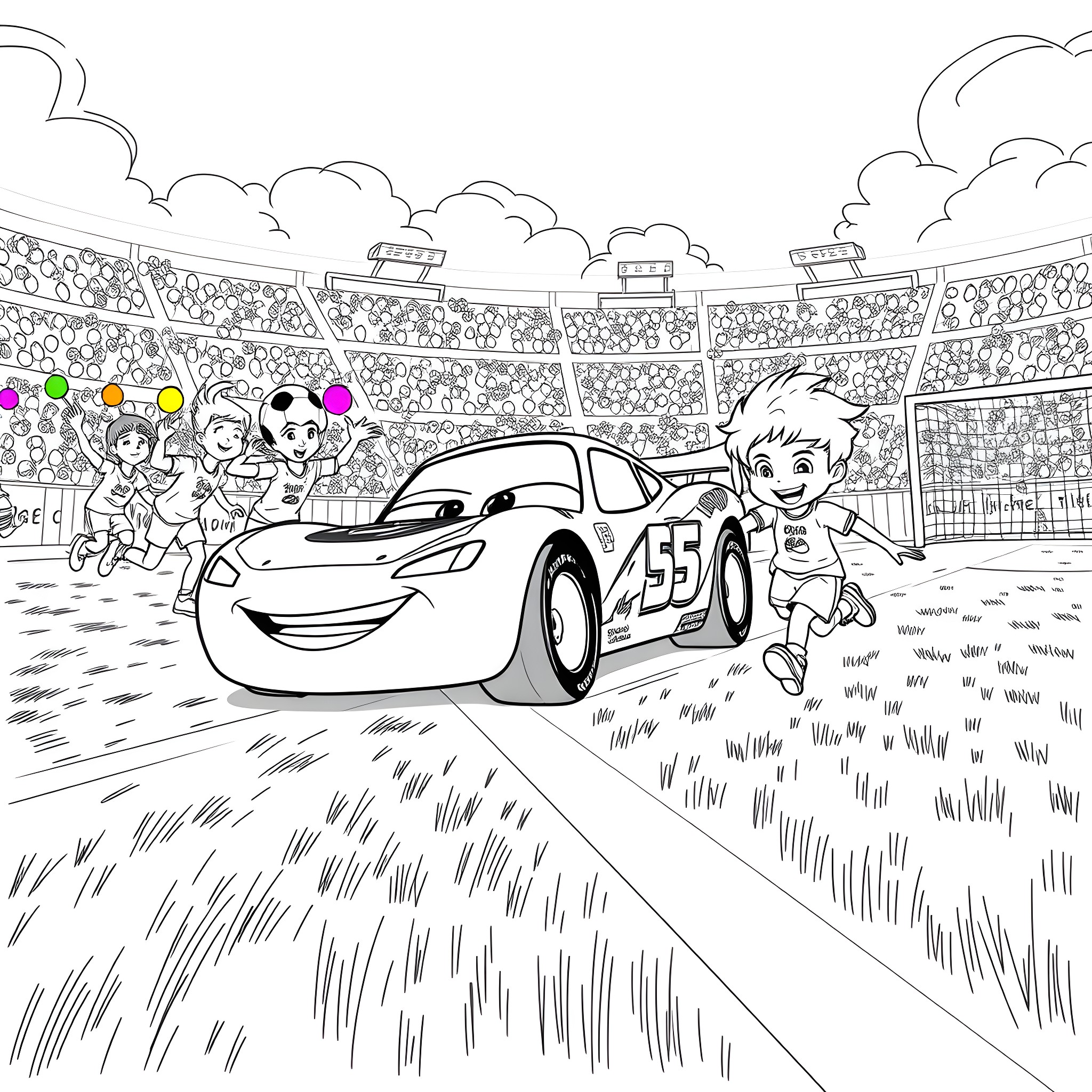 Lightning McQueen racing with fans in the stadium Coloring Page (free black-and-white line drawing printable PDF for all, from beginners to advanced learners, including children, teens, adults, and seniors)