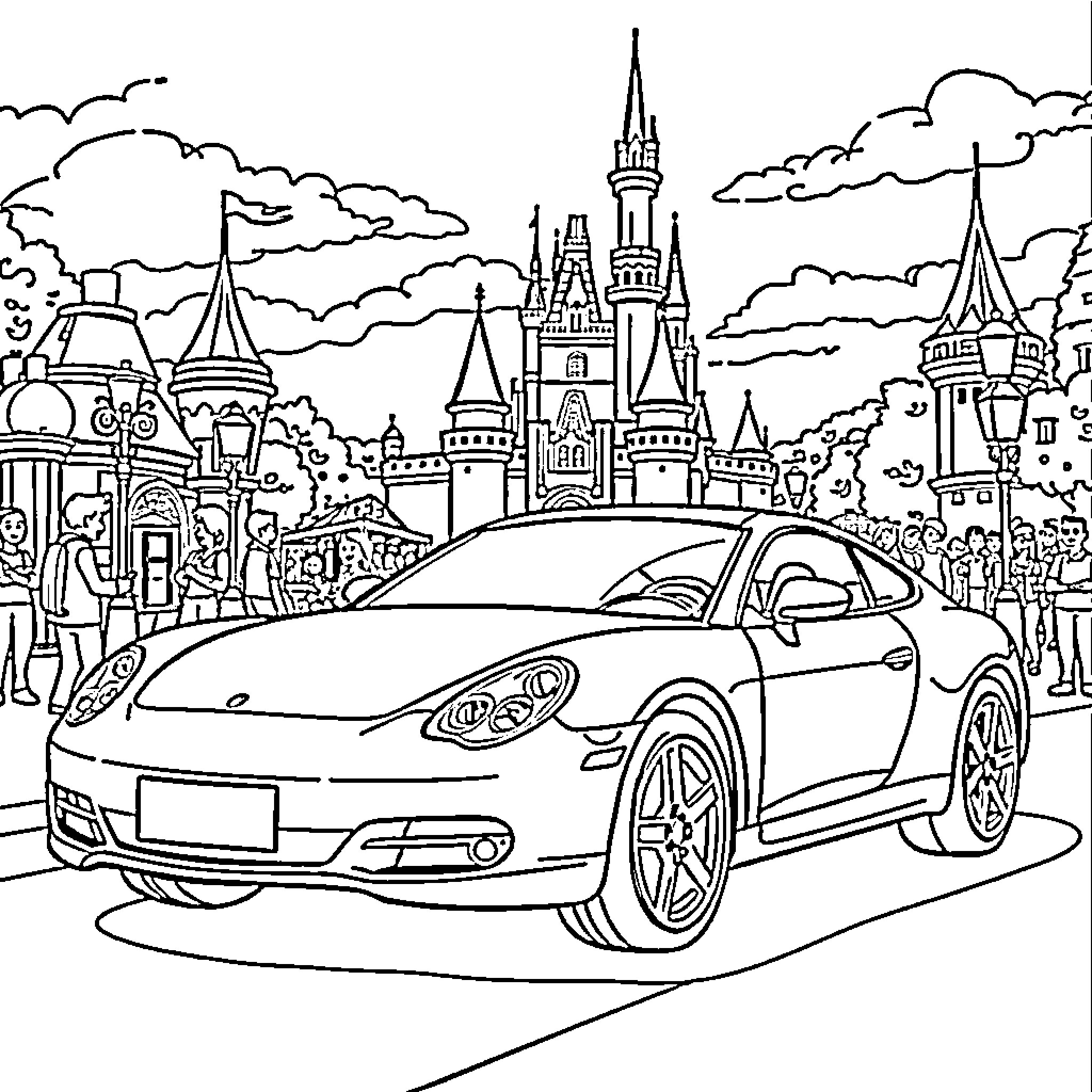 Car driving by scenic fantasy castle Coloring Page (free black-and-white line drawing printable PDF for all, from beginners to advanced learners, including children, teens, adults, and seniors)