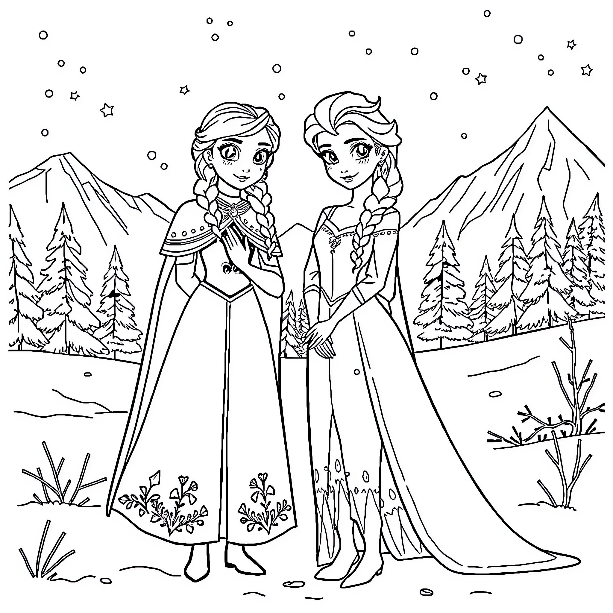 Vaiana: Sisters on a Snowy Adventure Coloring Page (free black-and-white line drawing printable PDF for all, from beginners to advanced learners, including children, teens, adults, and seniors)