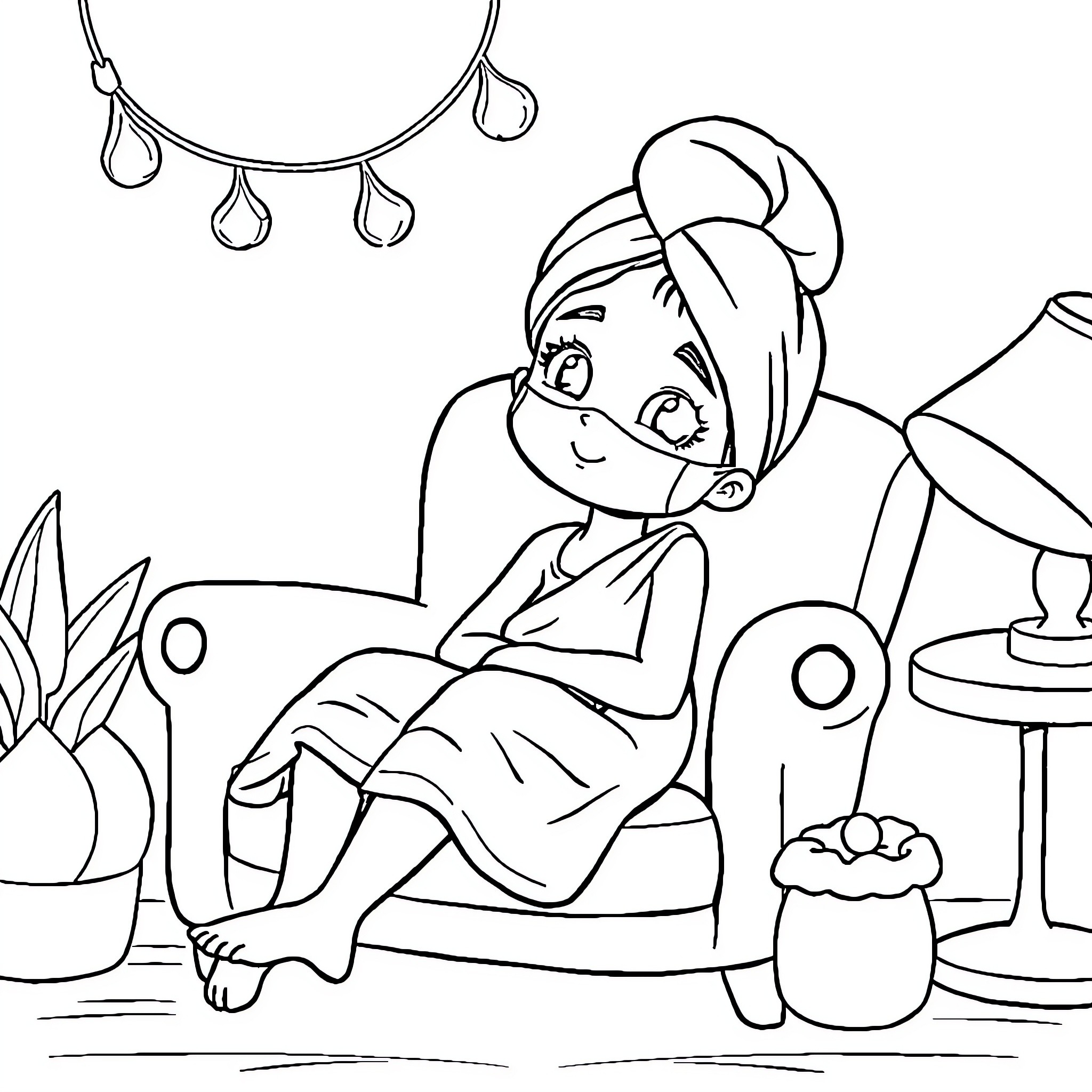Girl relaxing in her cozy home Coloring Page (free black-and-white line drawing printable PDF for all, from beginners to advanced learners, including children, teens, adults, and seniors)