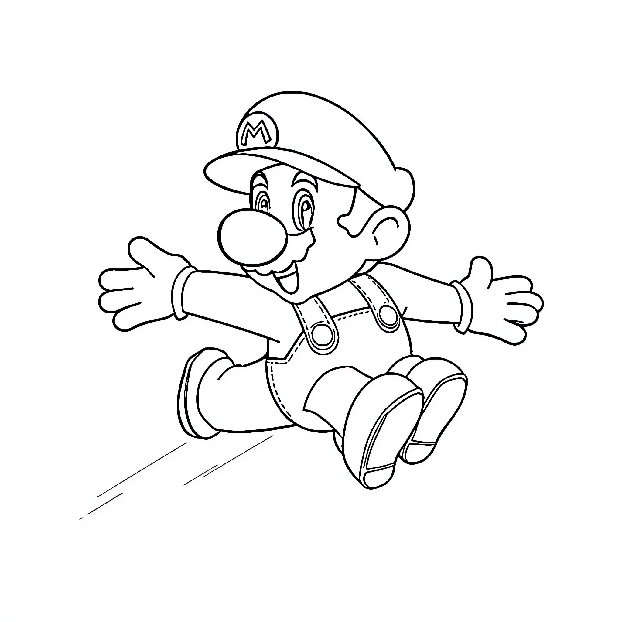 Mario Jumping Joyfully in Animated Style Coloring Page (free black-and-white line drawing printable PDF for all, from beginners to advanced learners, including children, teens, adults, and seniors)