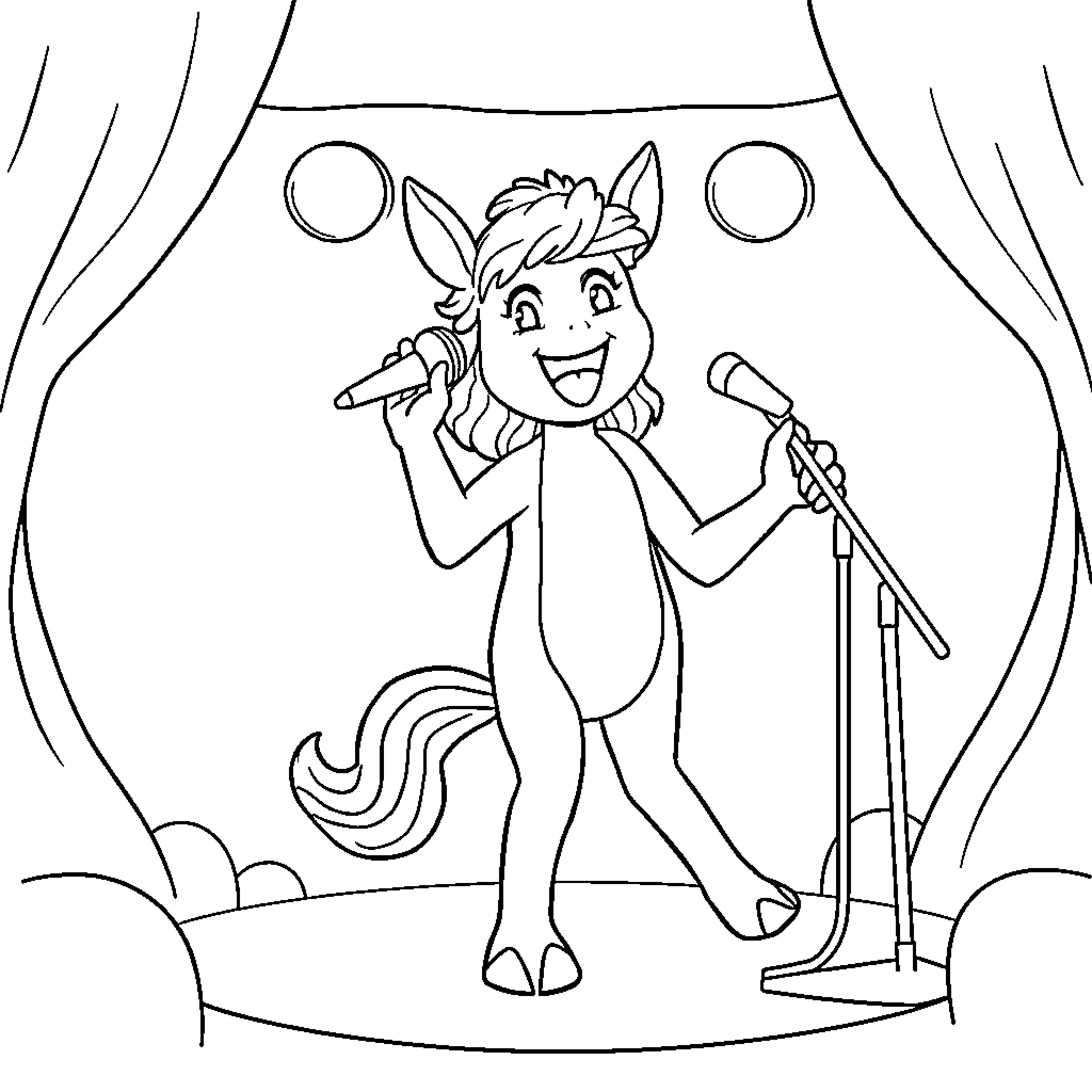 Huntrix Performing on Stage Coloring Page (free black-and-white line drawing printable PDF for all, from beginners to advanced learners, including children, teens, adults, and seniors)