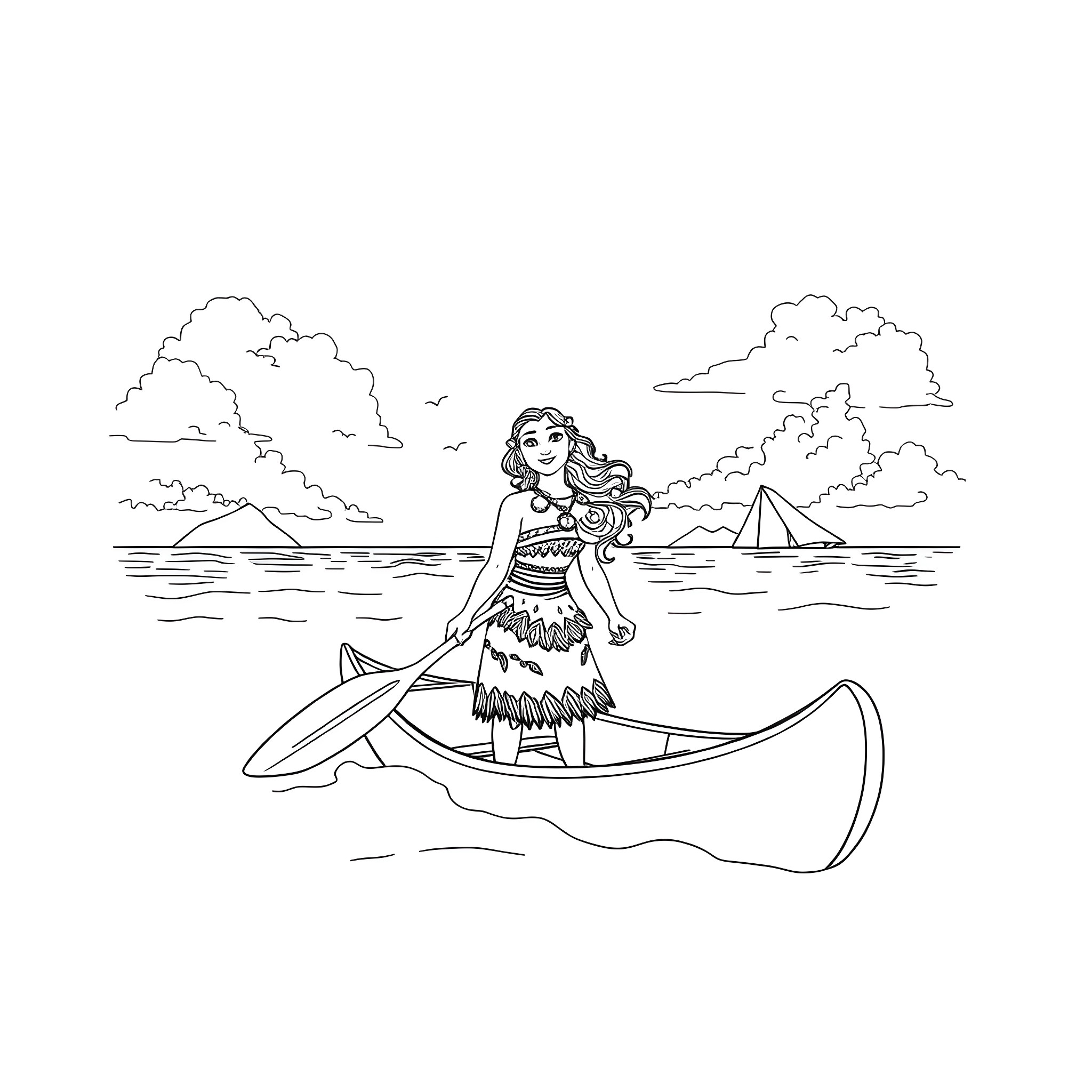 Moana paddling her canoe on the ocean Coloring Page (free black-and-white line drawing printable PDF for all, from beginners to advanced learners, including children, teens, adults, and seniors)
