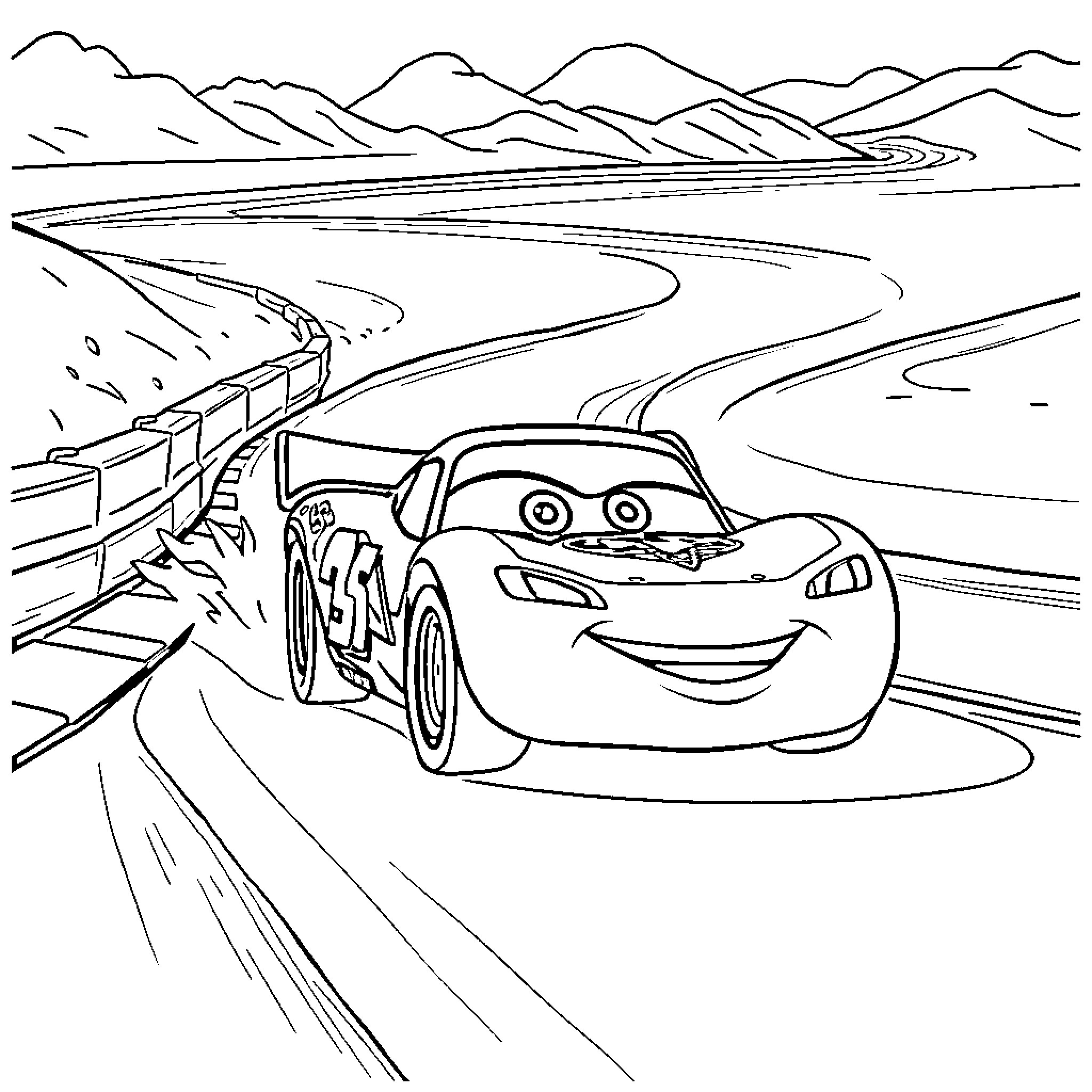 Rayo McQueen speeds through the winding mountain road Coloring Page (free black-and-white line drawing printable PDF for all, from beginners to advanced learners, including children, teens, adults, and seniors)