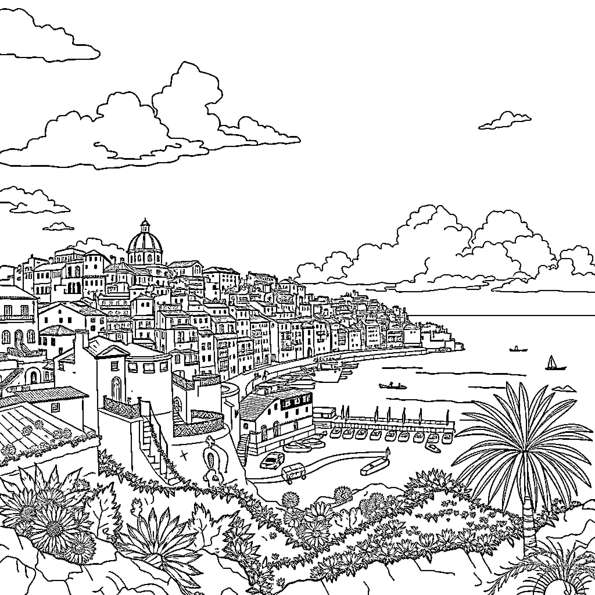Portugal coastal city with historic architecture and scenic landscape Coloring Page (free black-and-white line drawing printable PDF for all, from beginners to advanced learners, including children, teens, adults, and seniors)
