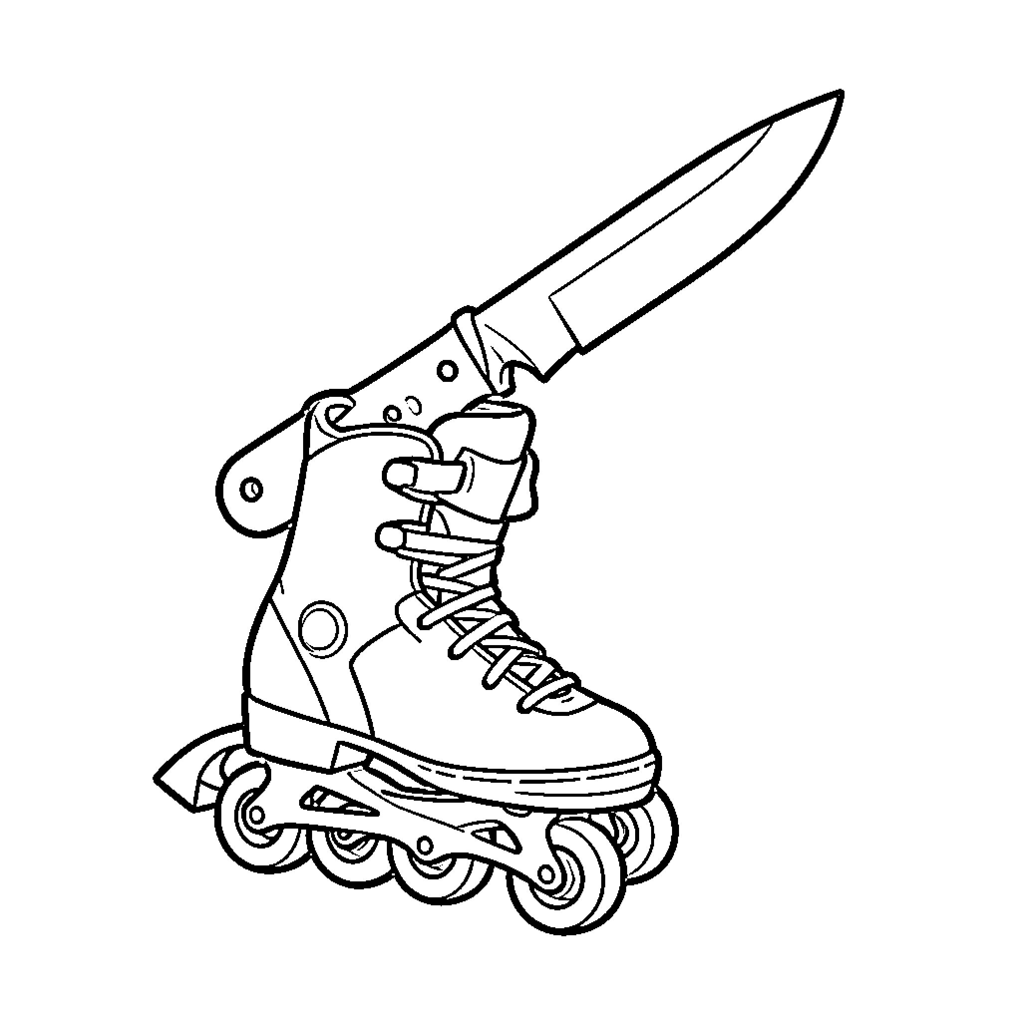 Knife stuck into a single roller skate Coloring Page (free black-and-white line drawing printable PDF for all, from beginners to advanced learners, including children, teens, adults, and seniors)