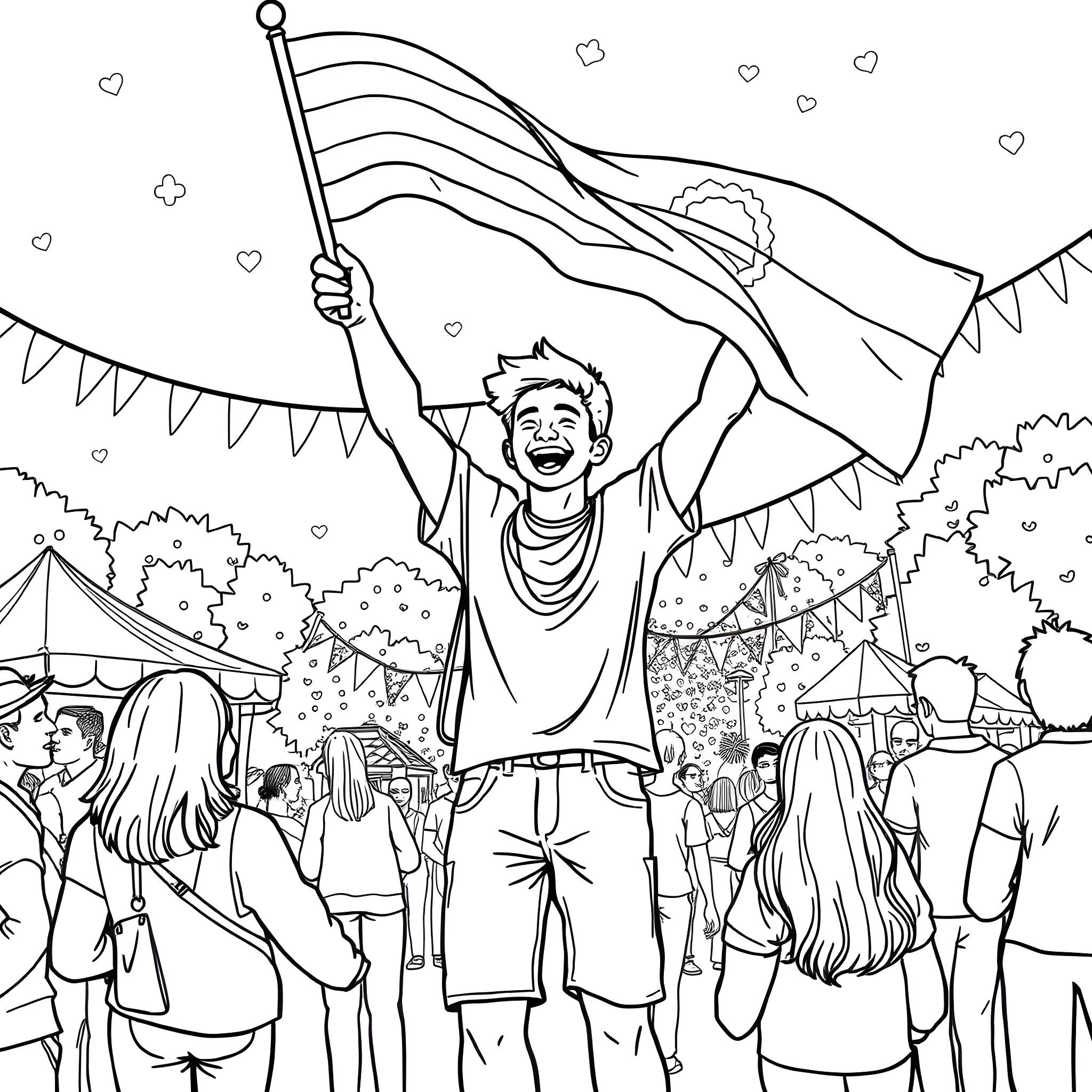 Jeremiah celebrating joyfully at the community festival Coloring Page (free black-and-white line drawing printable PDF for all, from beginners to advanced learners, including children, teens, adults, and seniors)