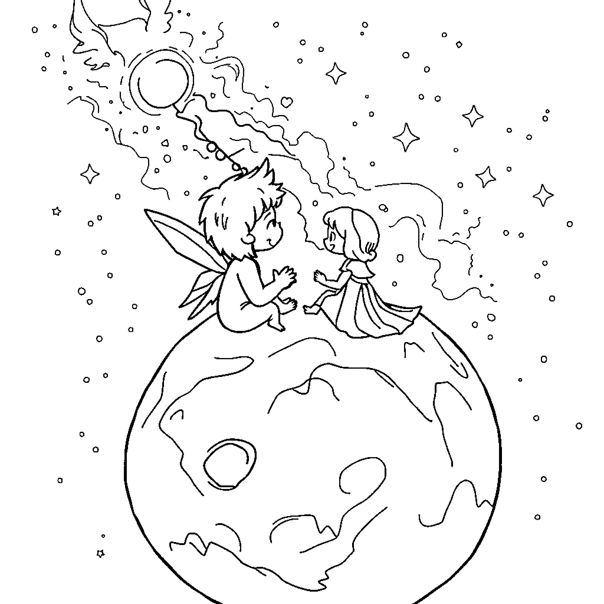 Little Prince exploring the magical planet Coloring Page (free black-and-white line drawing printable PDF for all, from beginners to advanced learners, including children, teens, adults, and seniors)