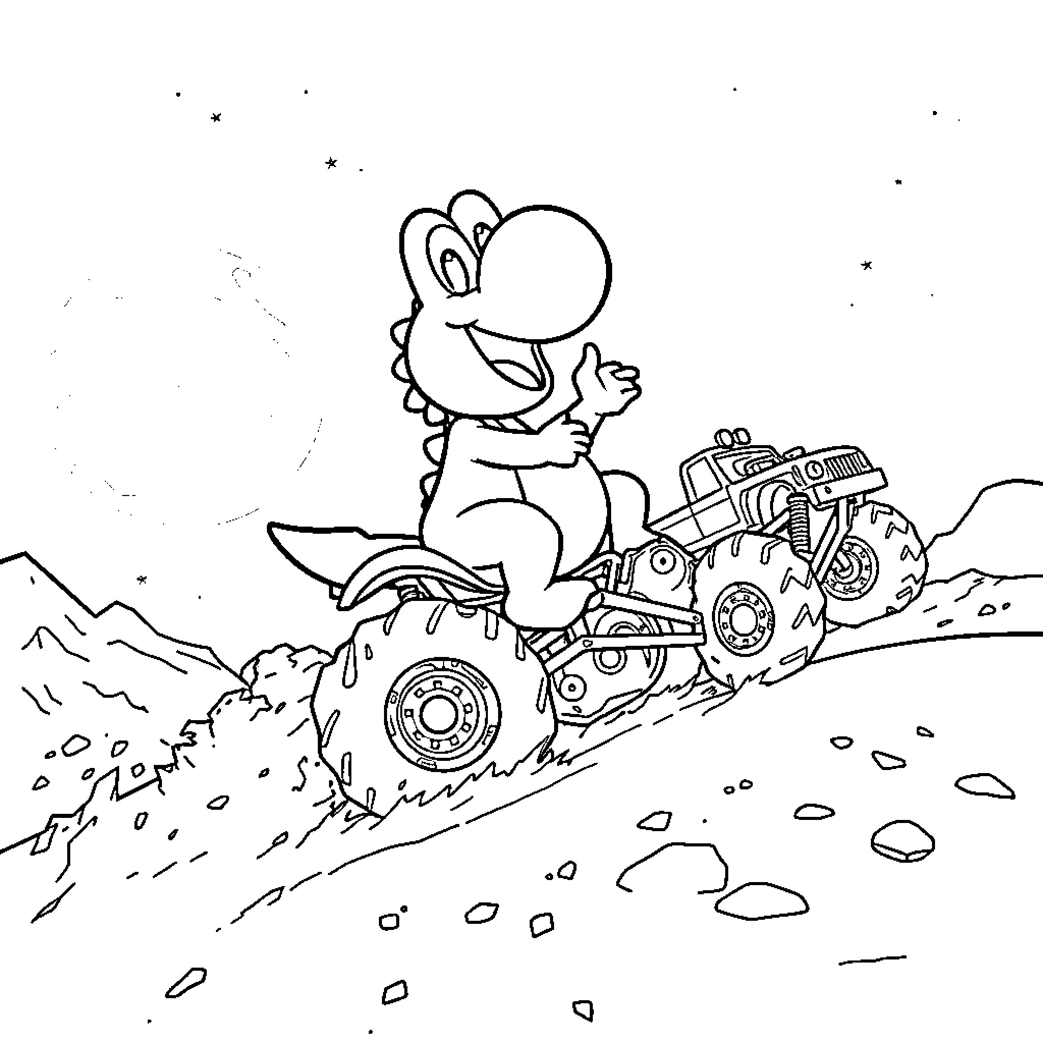 Yoshi's Adventurous Off-Road Excursion Coloring Page (free black-and-white line drawing printable PDF for all, from beginners to advanced learners, including children, teens, adults, and seniors)