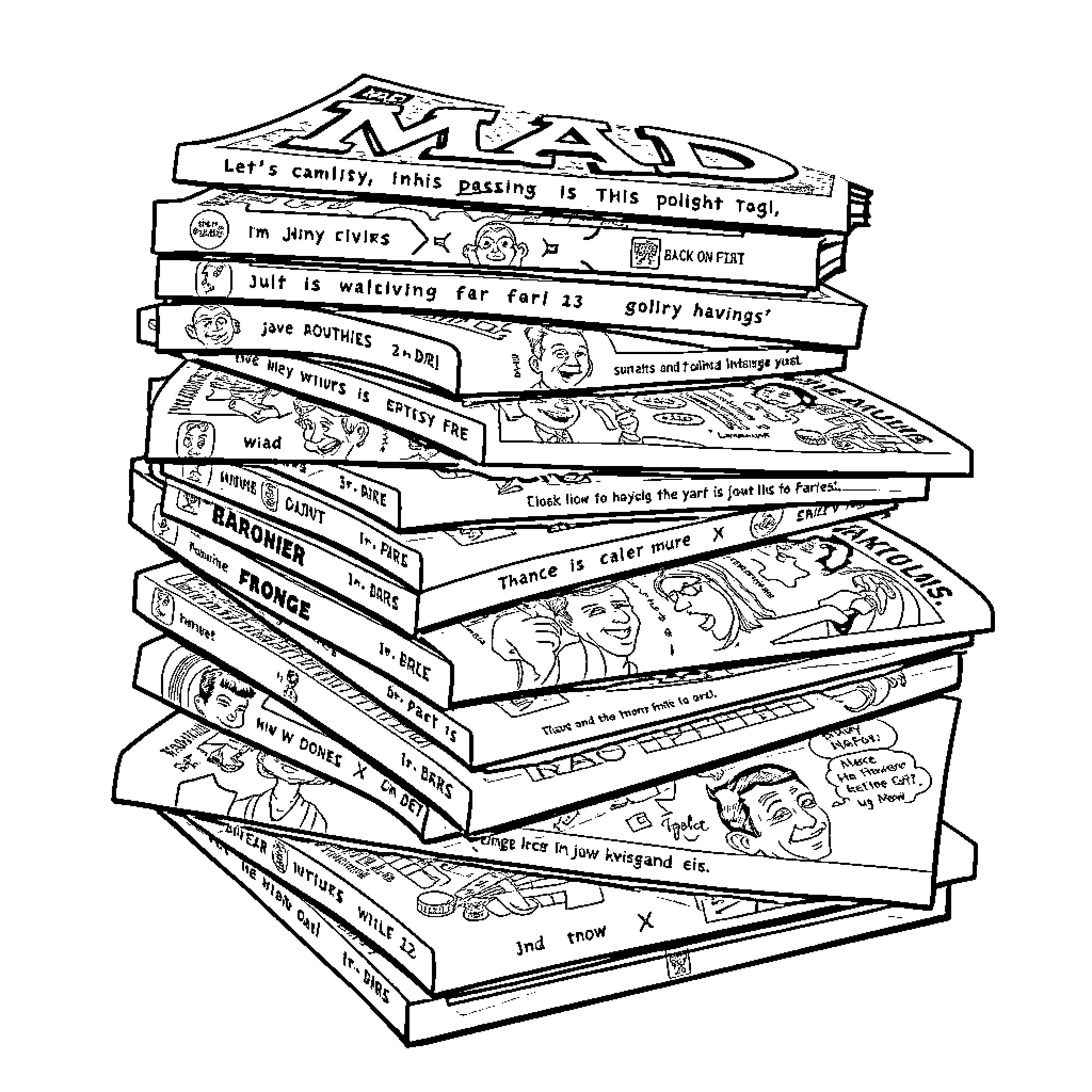 Mad Magazine Stacks of Comical, Satirical Magazines Coloring Page (free black-and-white line drawing printable PDF for all, from beginners to advanced learners, including children, teens, adults, and seniors)
