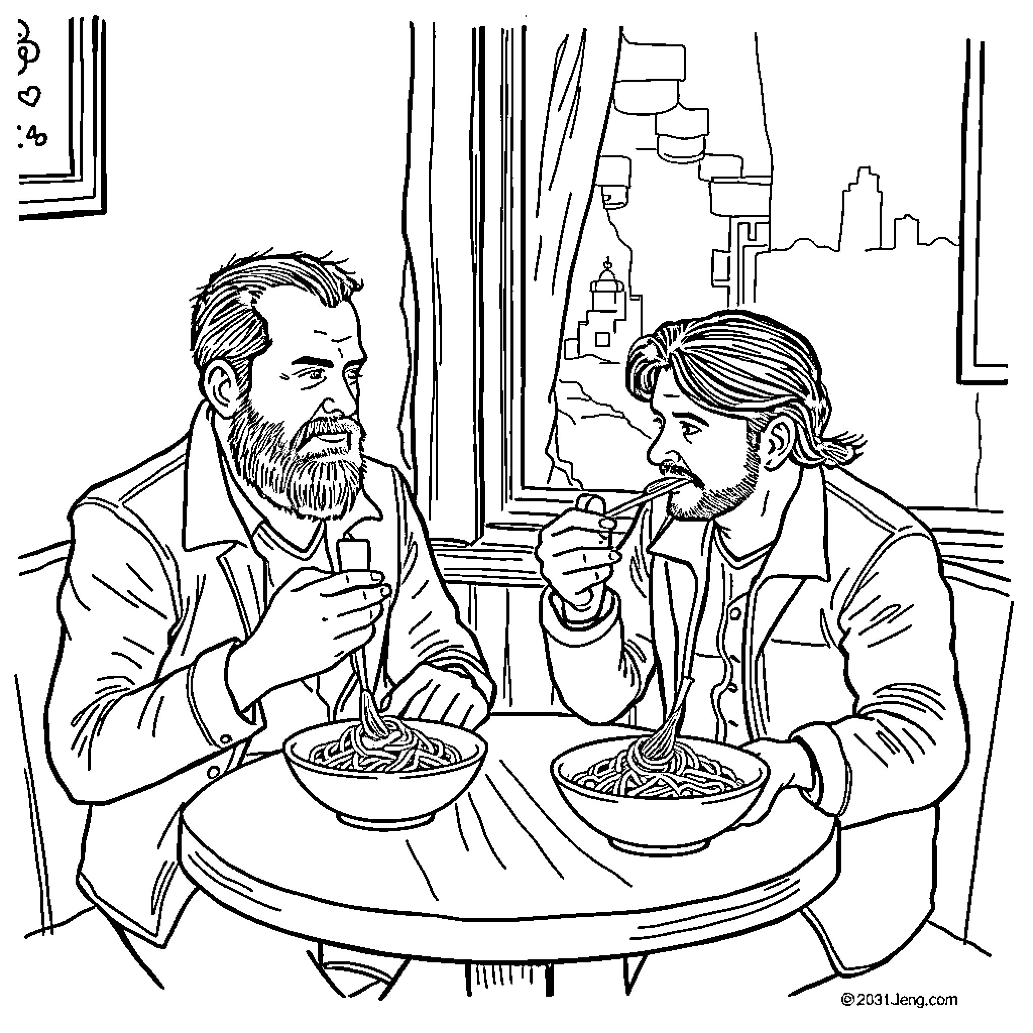 Mike Patton sharing a meal with a bearded friend Coloring Page (free black-and-white line drawing printable PDF for all, from beginners to advanced learners, including children, teens, adults, and seniors)