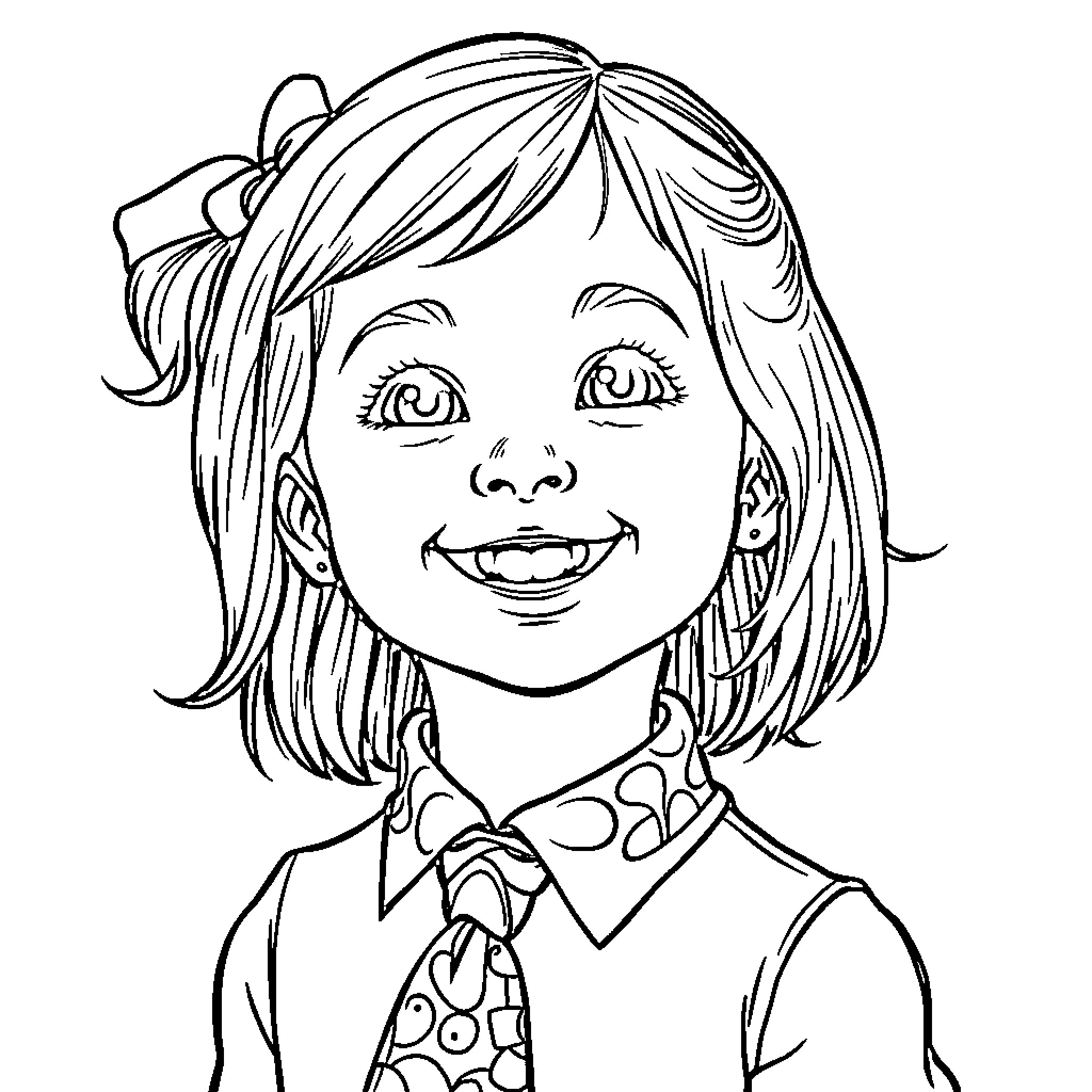 Girl with cheerful expression and bow in her hair Coloring Page (free black-and-white line drawing printable PDF for all, from beginners to advanced learners, including children, teens, adults, and seniors)