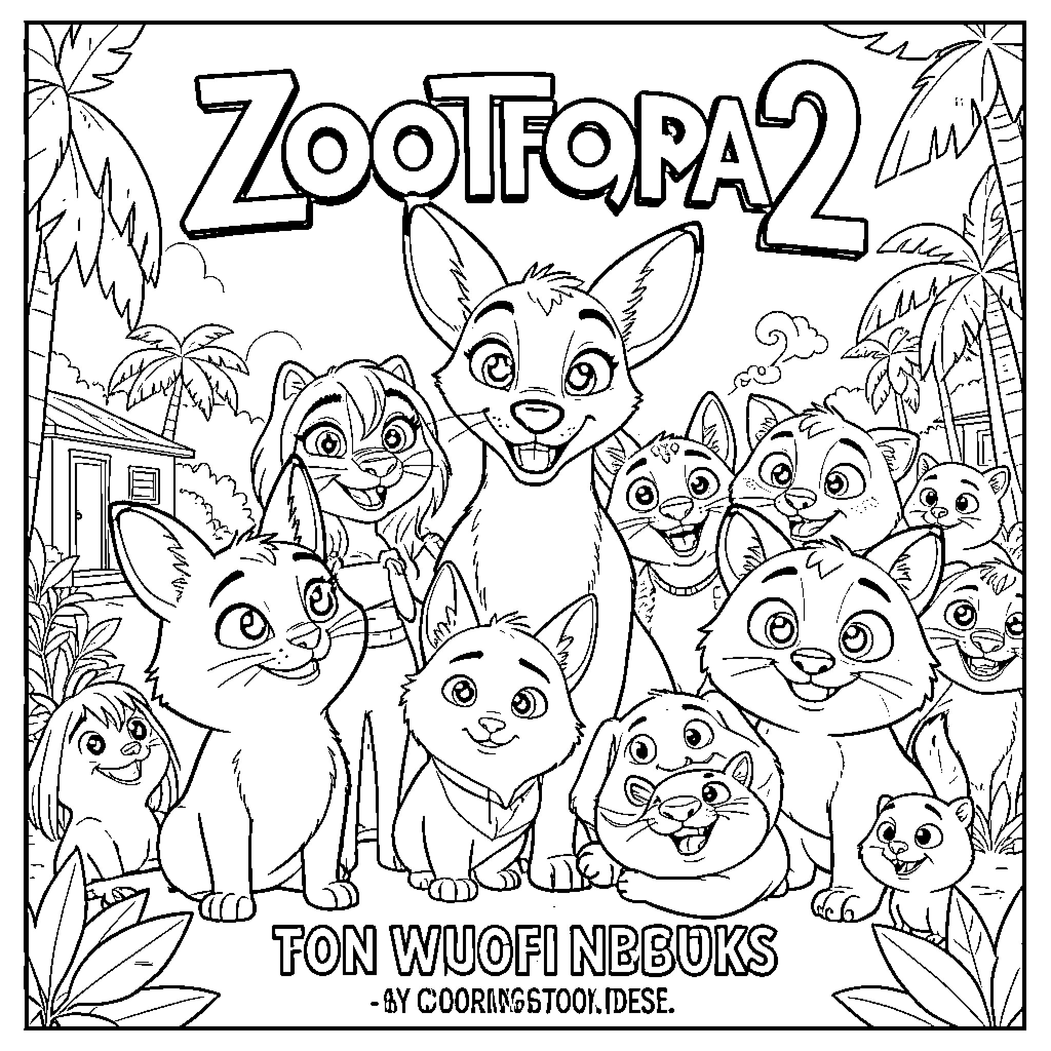 Zootopia 2: Colorful Animal Friends in Tropical Setting Coloring Page (free black-and-white line drawing printable PDF for all, from beginners to advanced learners, including children, teens, adults, and seniors)