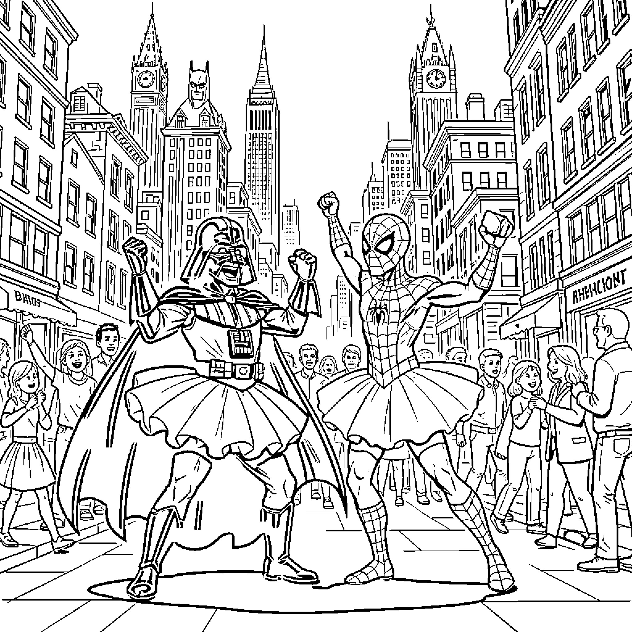 Vador and Spiderman performing heroic acts in the city Coloring Page (free black-and-white line drawing printable PDF for all, from beginners to advanced learners, including children, teens, adults, and seniors)