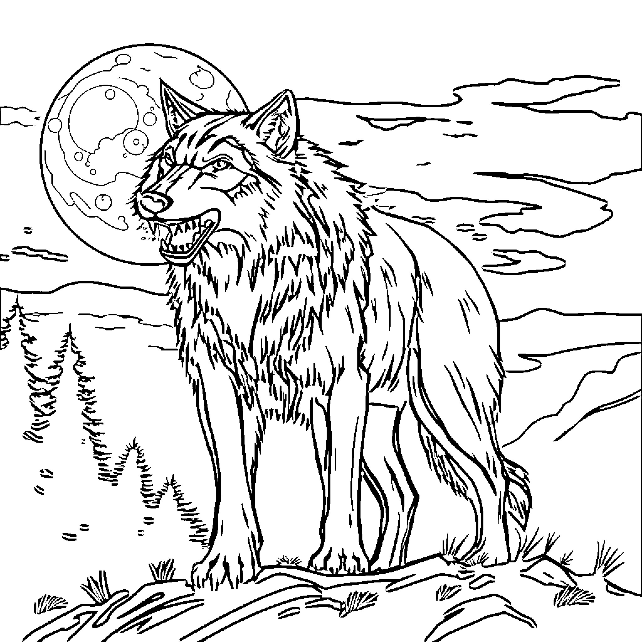 Werewolf howling at the moon in the wilderness Coloring Page (free black-and-white line drawing printable PDF for all, from beginners to advanced learners, including children, teens, adults, and seniors)