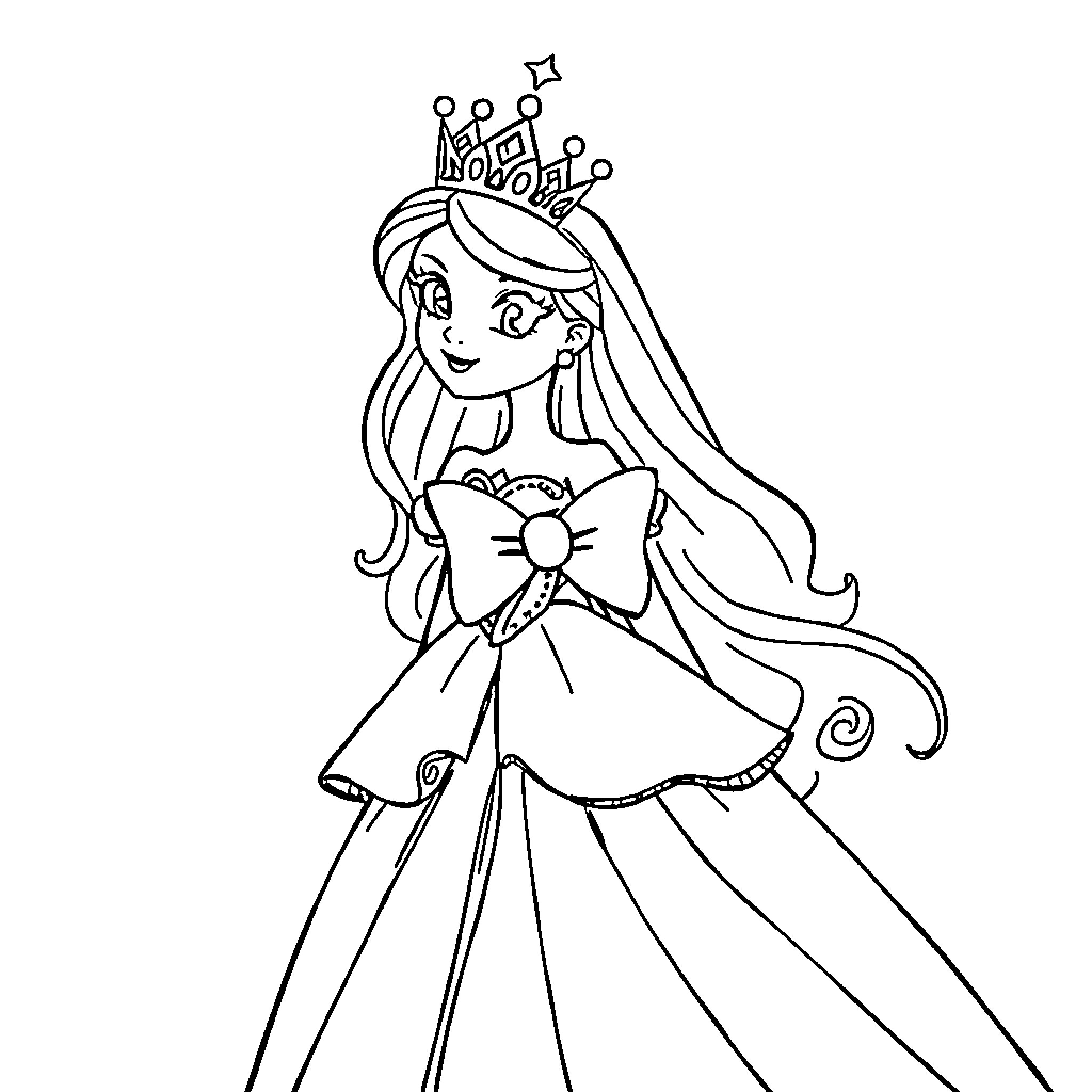 Princess in elegant gown with crown Coloring Page (free black-and-white line drawing printable PDF for all, from beginners to advanced learners, including children, teens, adults, and seniors)