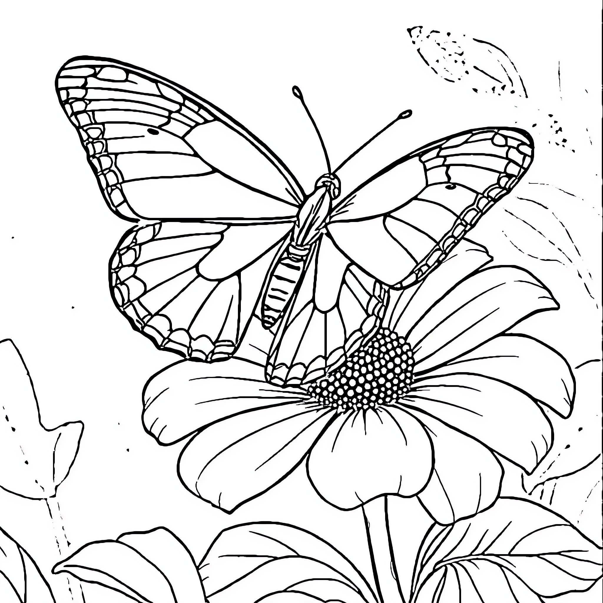 Butterfly resting on a vibrant flower Coloring Page (free black-and-white line drawing printable PDF for all, from beginners to advanced learners, including children, teens, adults, and seniors)