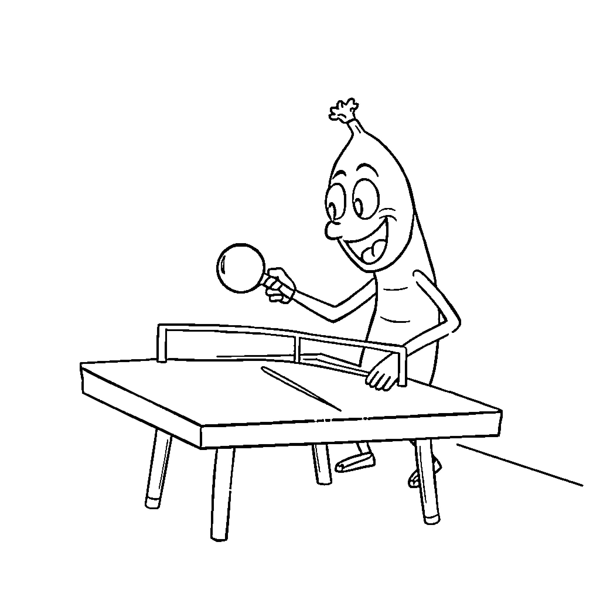 Banana playing table tennis excitedly Coloring Page (free black-and-white line drawing printable PDF for all, from beginners to advanced learners, including children, teens, adults, and seniors)
