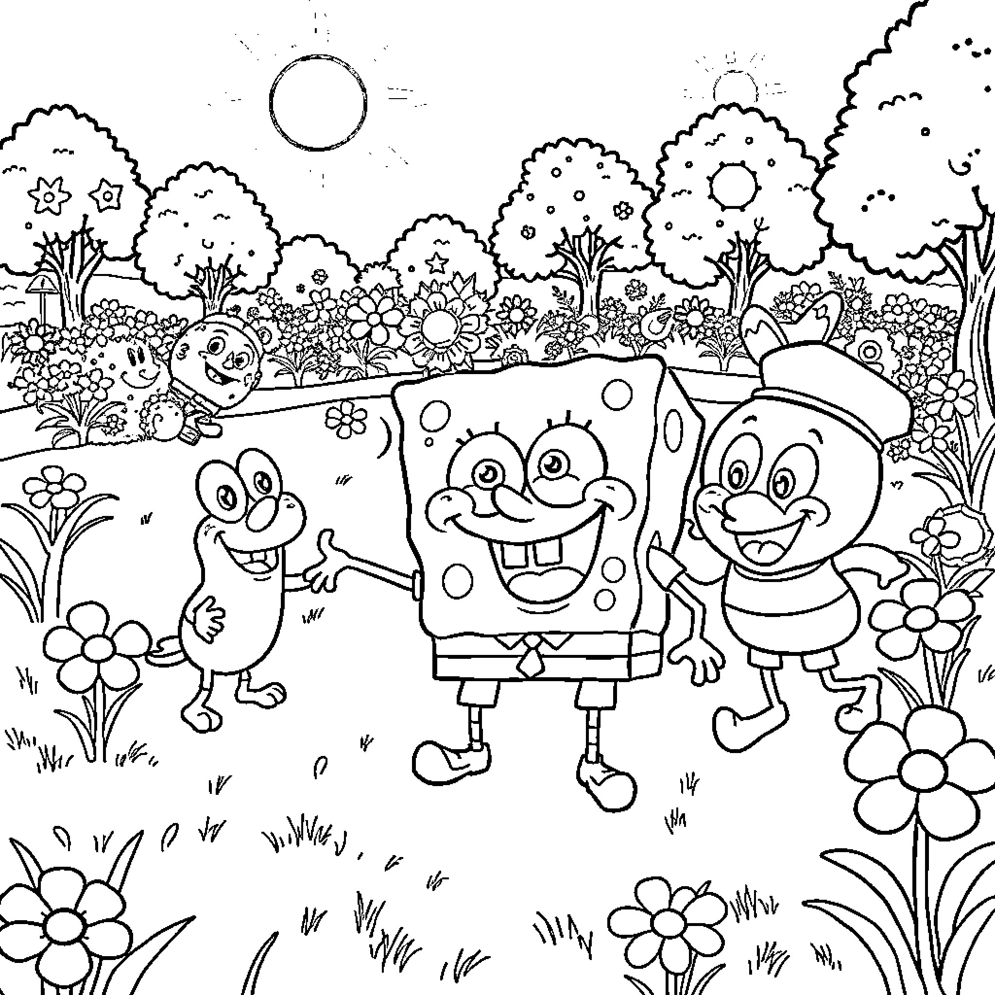 Spongebob and friends having a joyful picnic in nature Coloring Page (free black-and-white line drawing printable PDF for all, from beginners to advanced learners, including children, teens, adults, and seniors)
