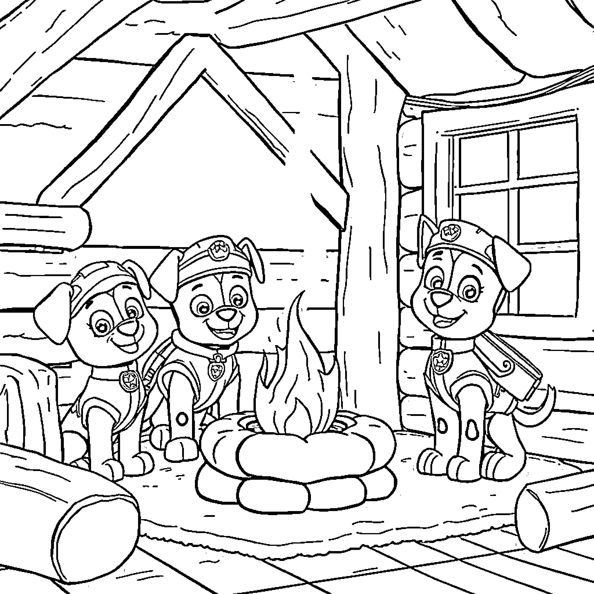 Paw Patrol Pups Enjoying Campfire Adventure Coloring Page (free black-and-white line drawing printable PDF for all, from beginners to advanced learners, including children, teens, adults, and seniors)