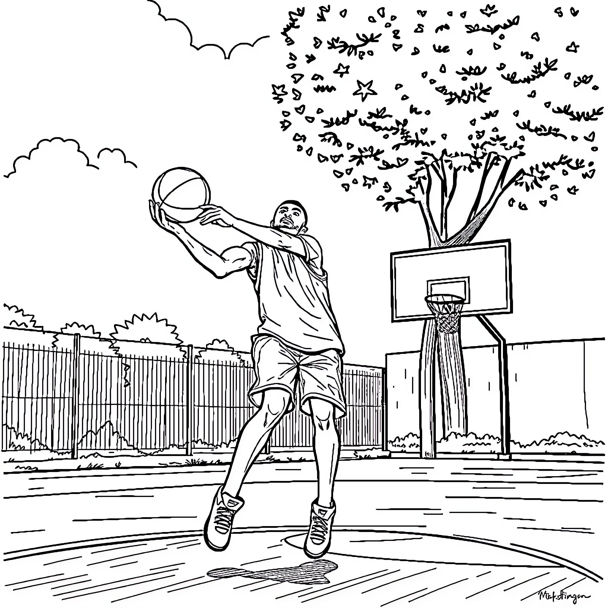 Hakim playing basketball on the court Coloring Page (free black-and-white line drawing printable PDF for all, from beginners to advanced learners, including children, teens, adults, and seniors)