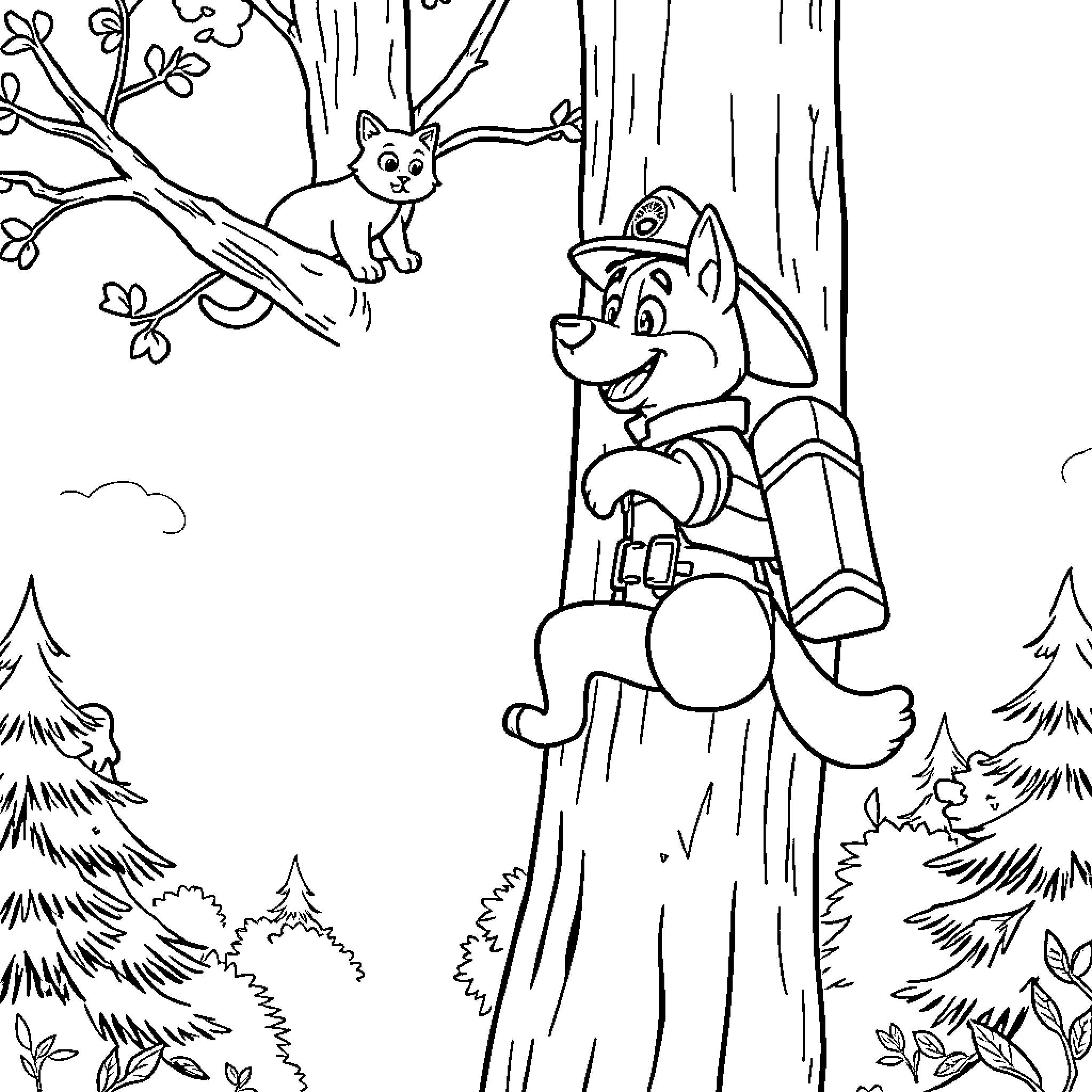 Hydro Animals Exploring the Woodland Scene Coloring Page (free black-and-white line drawing printable PDF for all, from beginners to advanced learners, including children, teens, adults, and seniors)