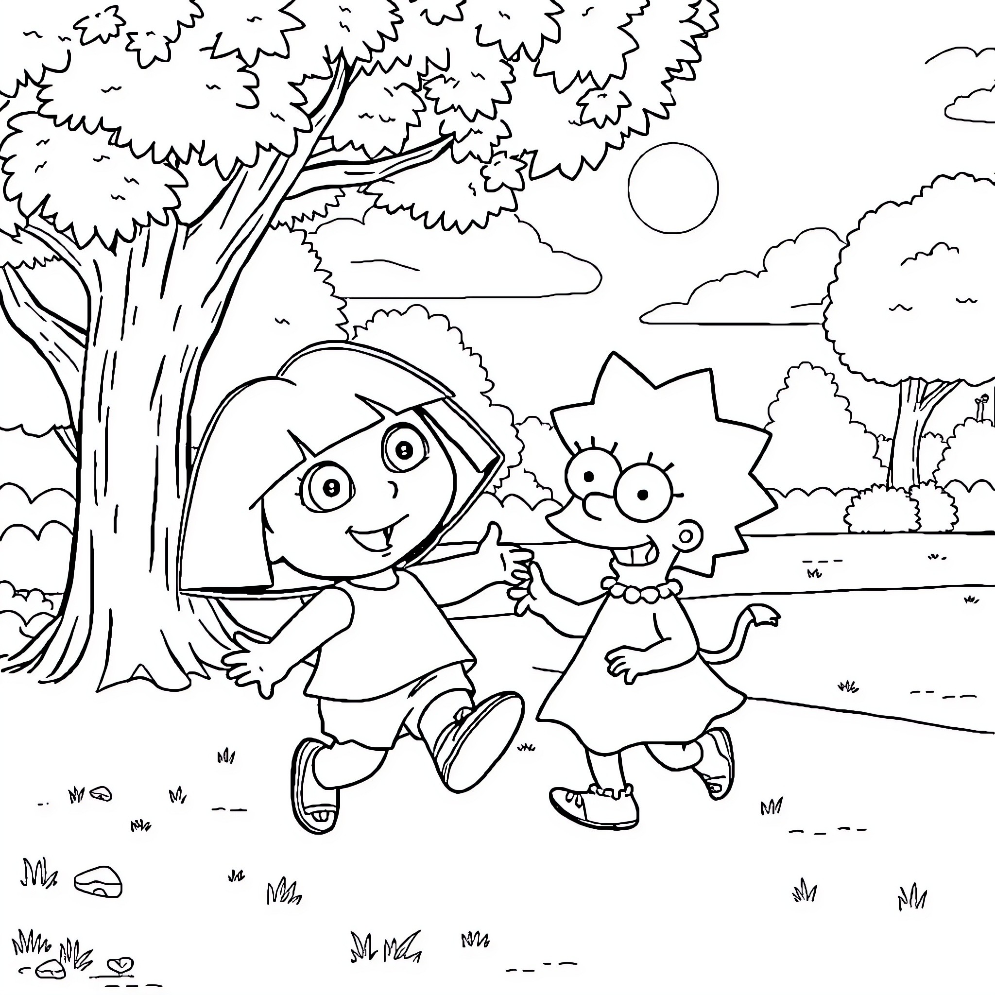 Dora and Boots exploring the outdoors Coloring Page (free black-and-white line drawing printable PDF for all, from beginners to advanced learners, including children, teens, adults, and seniors)