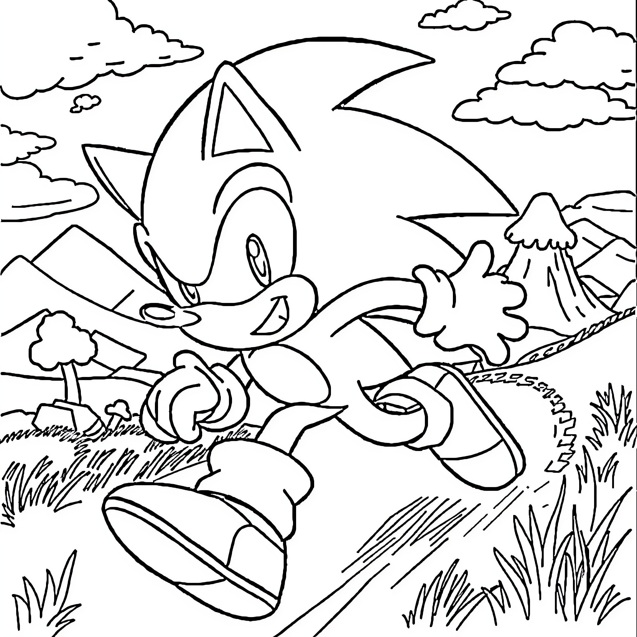 Sonic the Hedgehog dashing through the countryside Coloring Page (free black-and-white line drawing printable PDF for all, from beginners to advanced learners, including children, teens, adults, and seniors)
