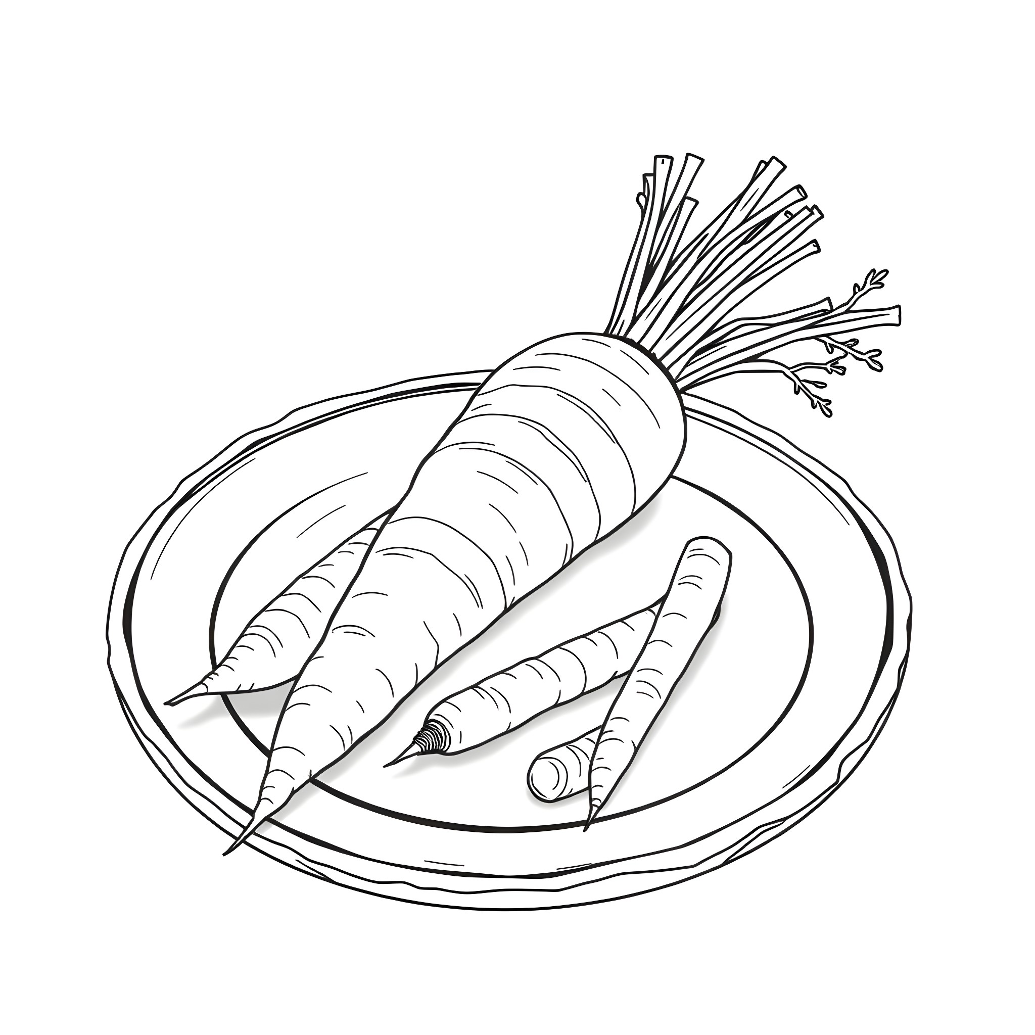 Carrot vegetables on a plate Coloring Page (free black-and-white line drawing printable PDF for all, from beginners to advanced learners, including children, teens, adults, and seniors)