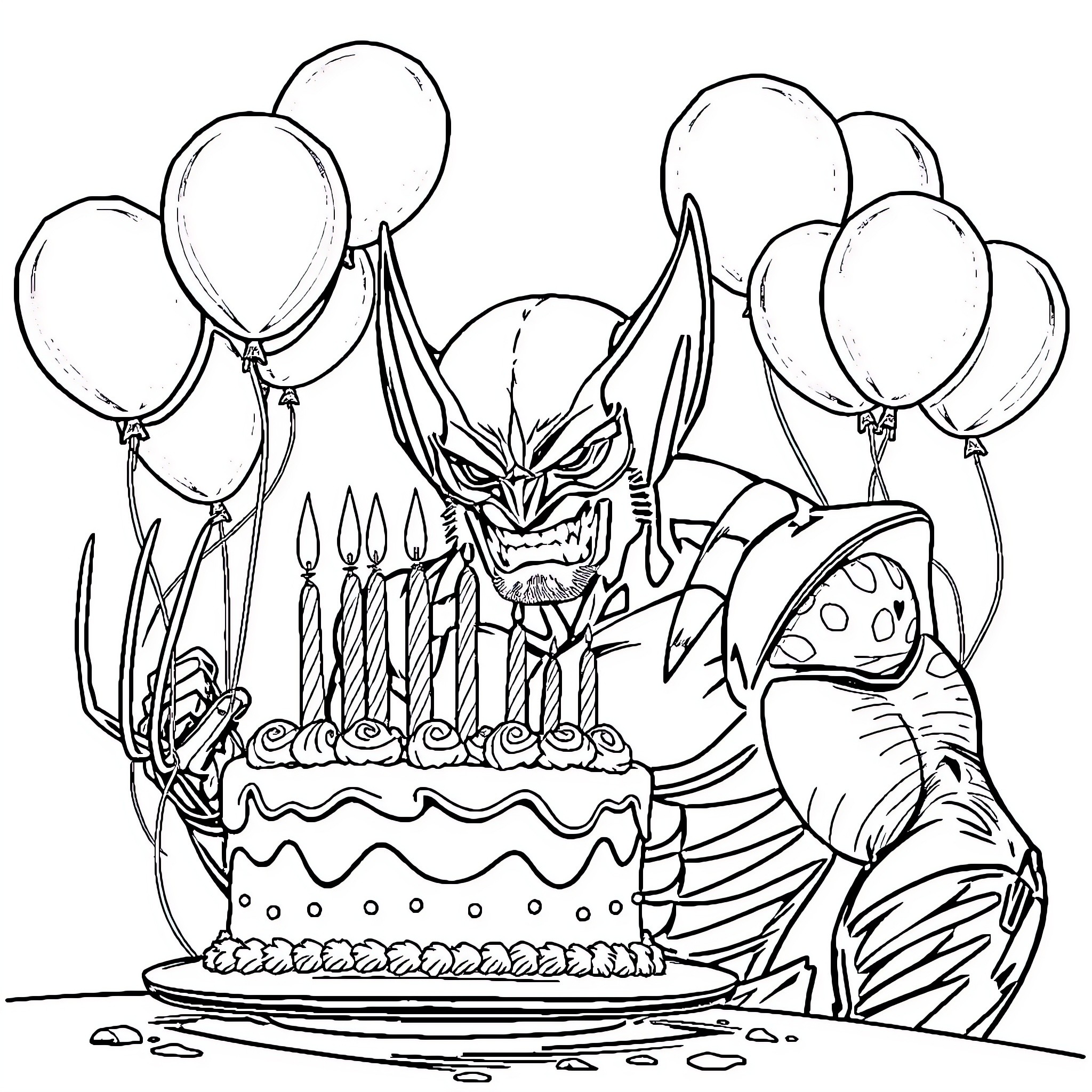 Wolverine celebrates birthday with cake and balloons Coloring Page (free black-and-white line drawing printable PDF for all, from beginners to advanced learners, including children, teens, adults, and seniors)