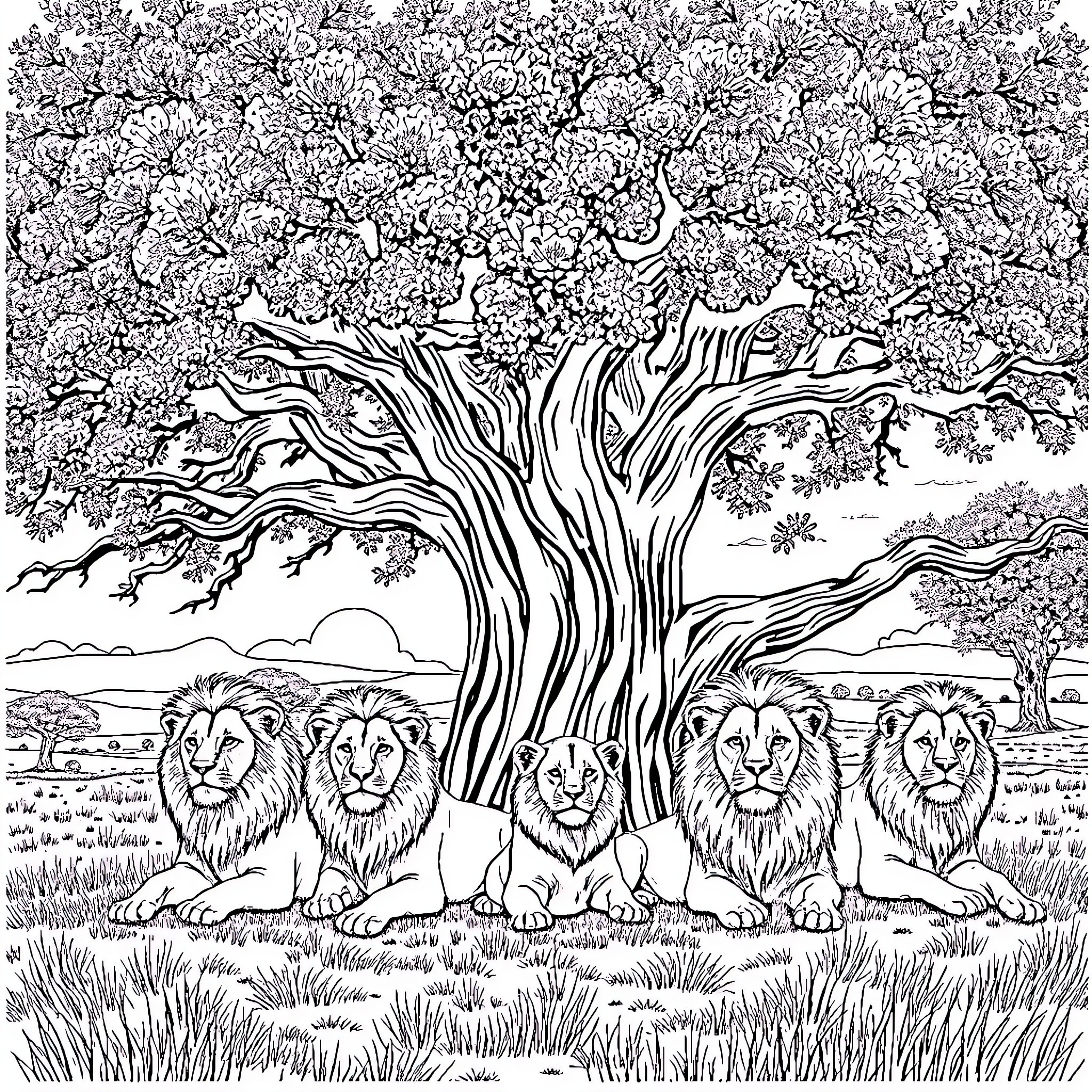 Lion Pride Under Majestic Tree Coloring Page (free black-and-white line drawing printable PDF for all, from beginners to advanced learners, including children, teens, adults, and seniors)