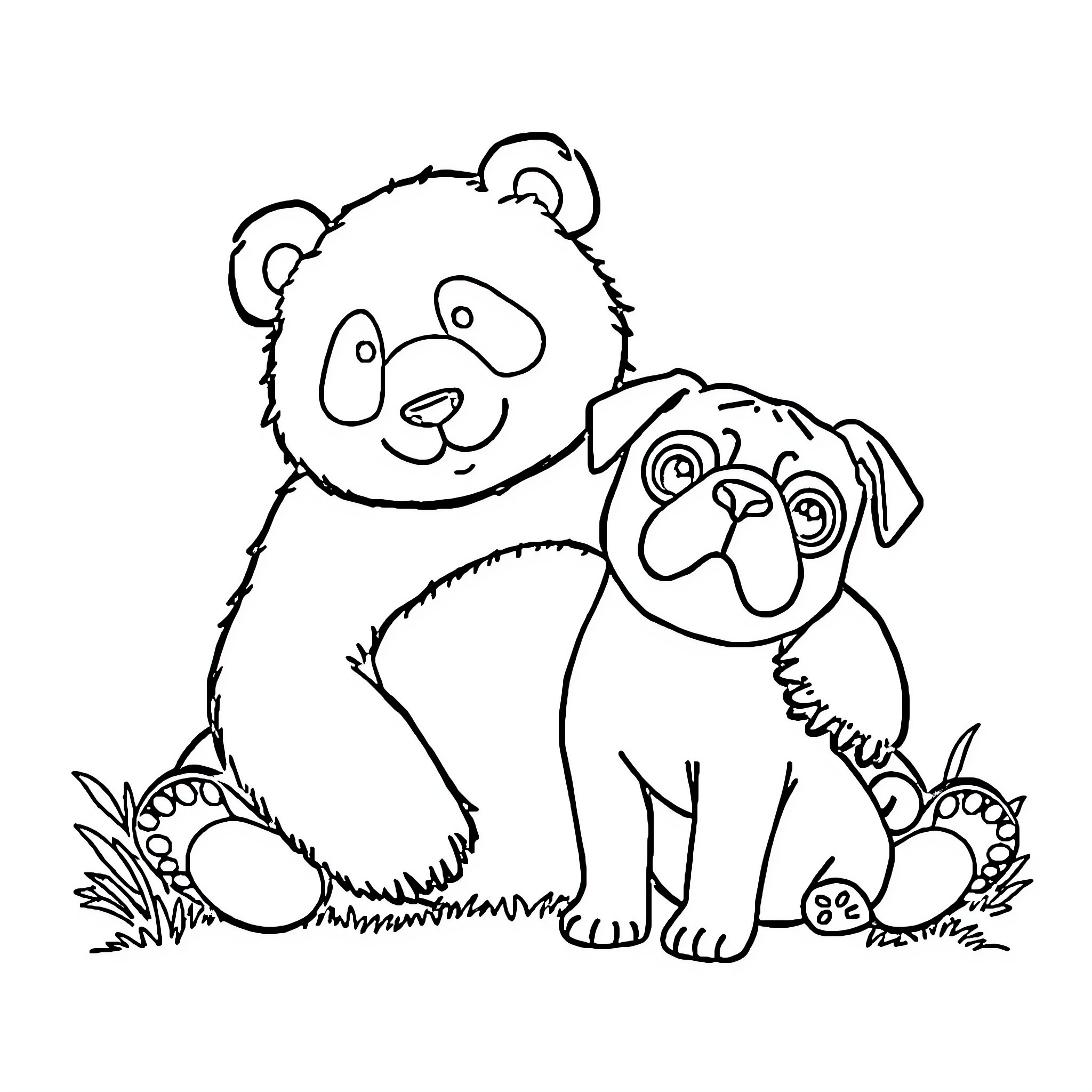 Panda with Playful Pup Coloring Page (free black-and-white line drawing printable PDF for all, from beginners to advanced learners, including children, teens, adults, and seniors)
