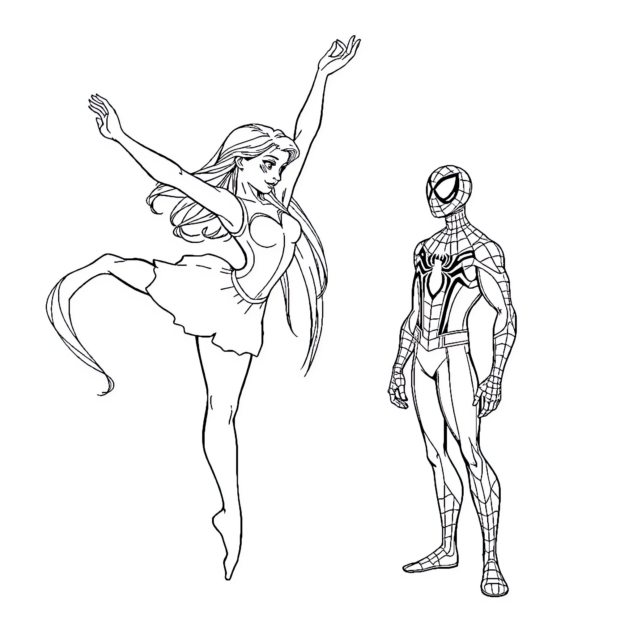 Rapunzel and Spider-Man in heroic poses Coloring Page (free black-and-white line drawing printable PDF for all, from beginners to advanced learners, including children, teens, adults, and seniors)