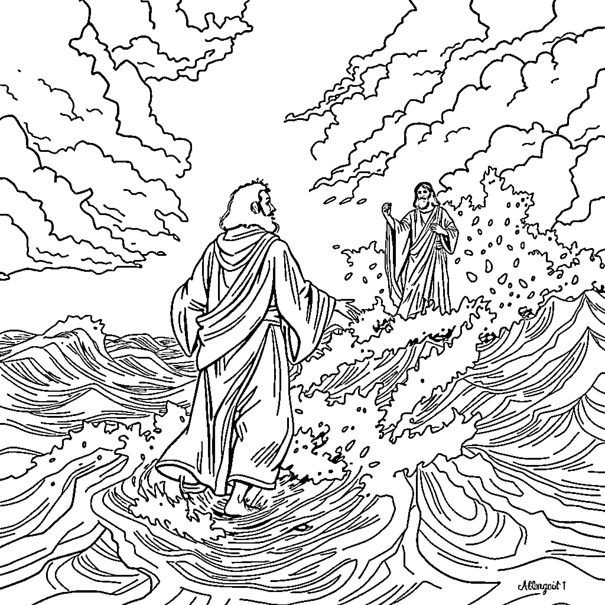Peter Crosses the Parted Seas with Moses Coloring Page (free black-and-white line drawing printable PDF for all, from beginners to advanced learners, including children, teens, adults, and seniors)