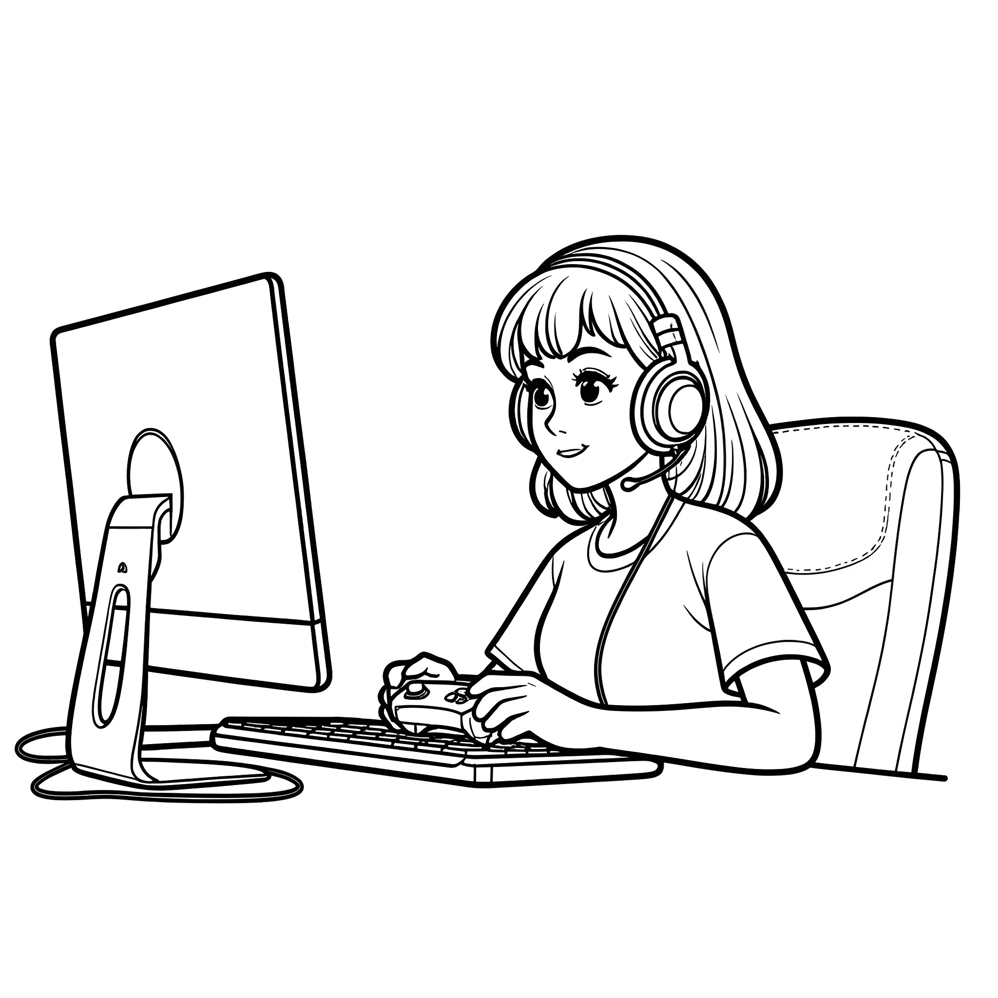 Gamer Girl Focused on Video Game Coloring Page (free black-and-white line drawing printable PDF for all, from beginners to advanced learners, including children, teens, adults, and seniors)